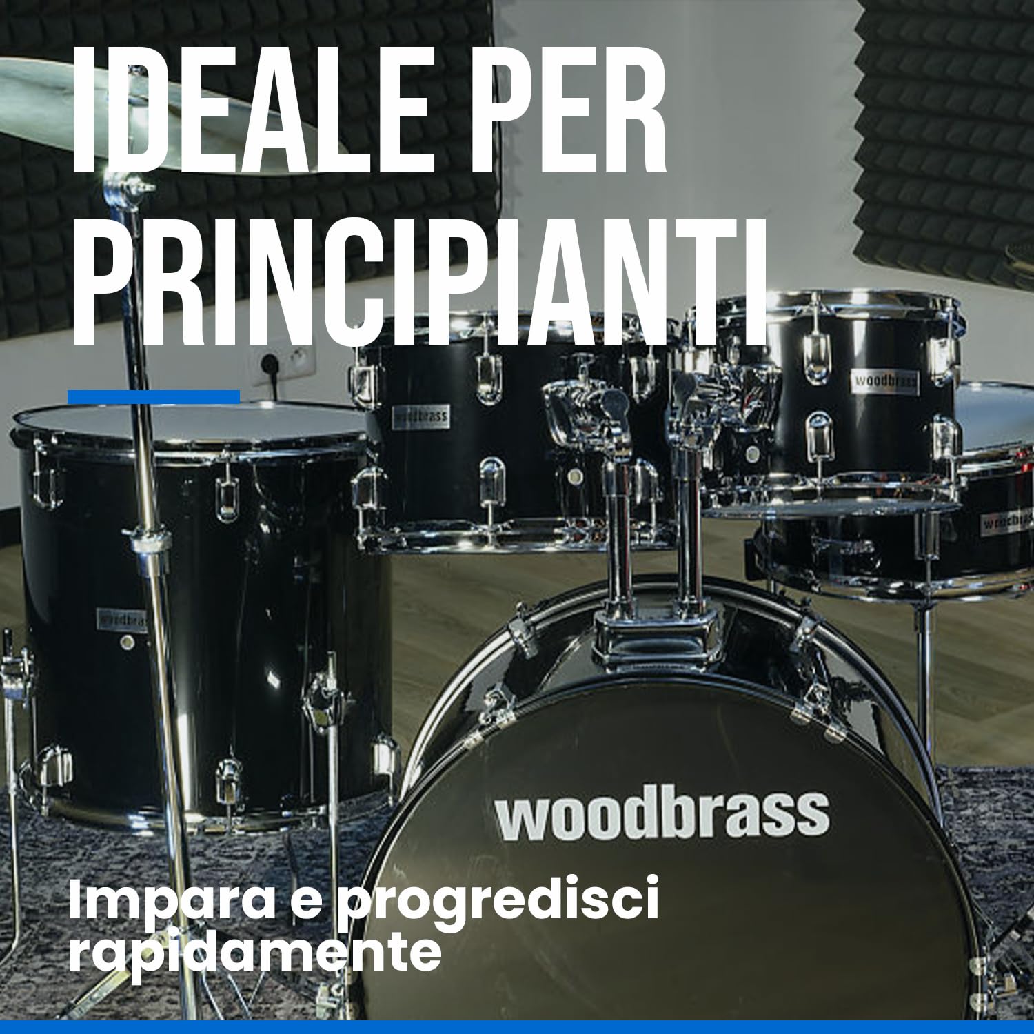 Woodbrass AD100 - Batteria nera lucida, ideale per principianti, pronta all'uso, accessori inclusi - Kit batteria acustica completa fusti di pioppo