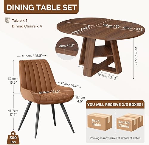Miniatura 2 de Conjunto de mesa de comedor extensible redonda a ovalada Aivermel para 4–6, mesa de cocina de madera con almacenamiento oculto y sillas tapizadas,