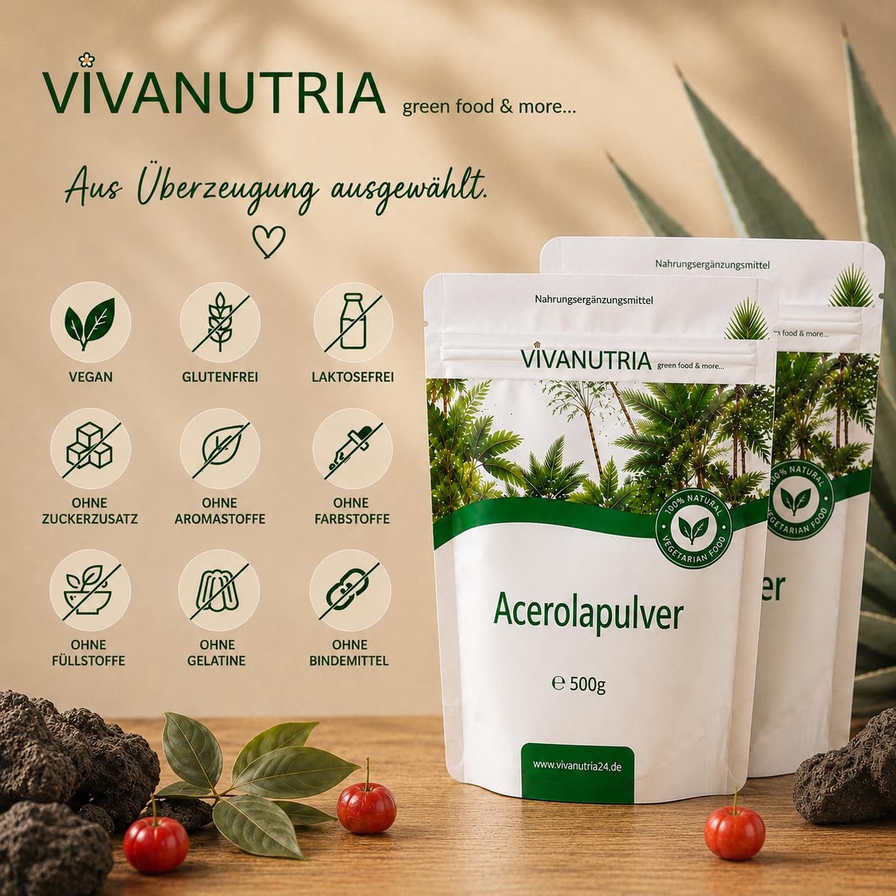 VivaNutria Acerola Pulver I natürliches Vitamin C Pulver als Acerola Frucht-Pulver für Smoothies/als Müsli-Topping I Acerola Kirsche aus kontrolliertem Anbau, laborgeprüft I vegan (1000 g)