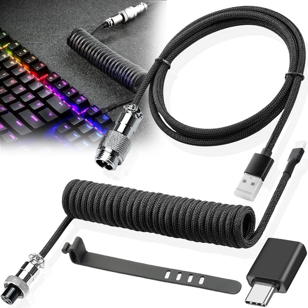 Custom Coiled Aviator USB-C Cable for Gaming Keyboard, Dual Sleeve Braided USB-C to USB-A Keyboard Cable with Detachable Metal Aviator (Black)