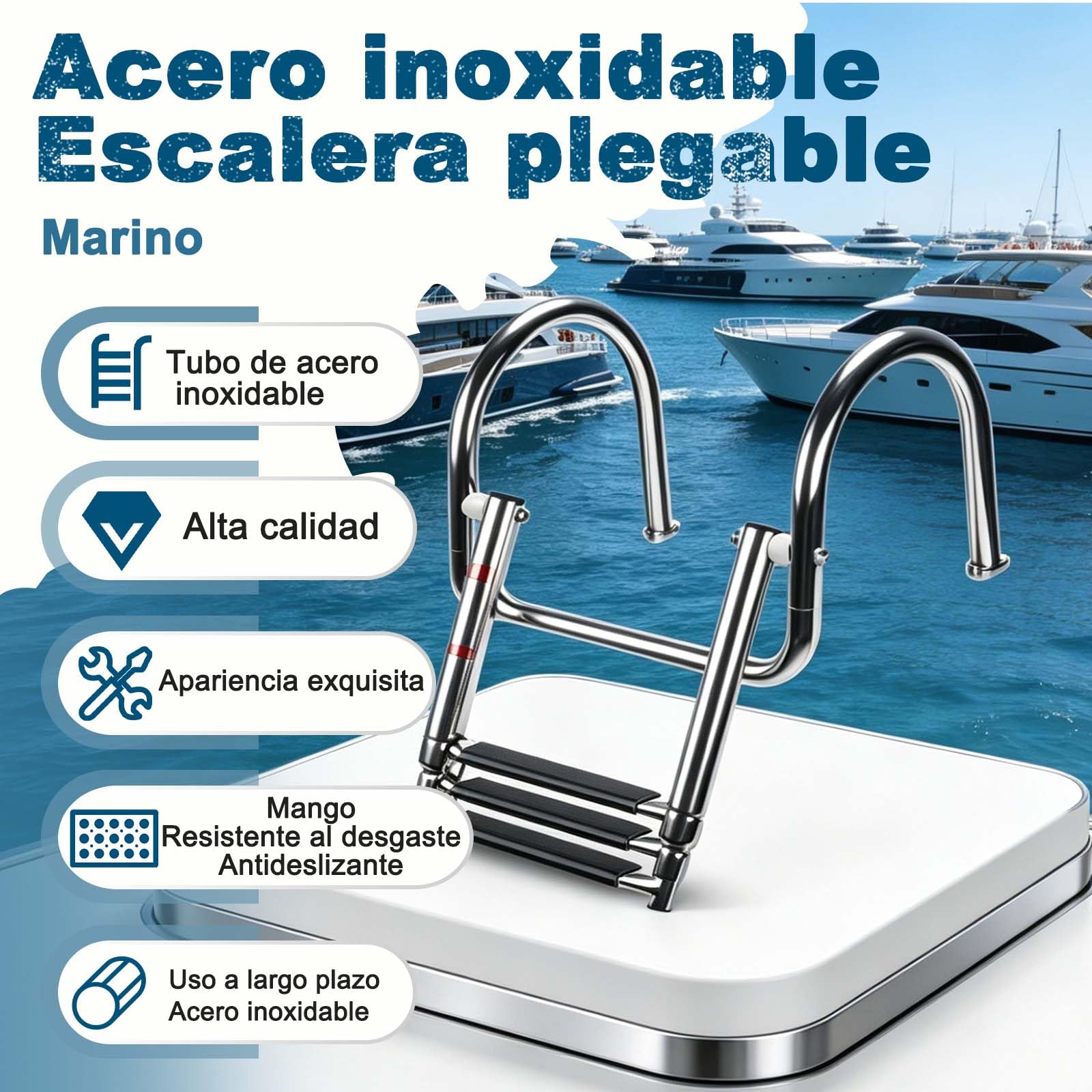 Escalera Piscina Escalera, de 3 escalones, con Acabado Pulido, Diseño Plegable, Pedales Anchos Antideslizantes, Asas Arqueadas para Barcos, Yates, Muelles.