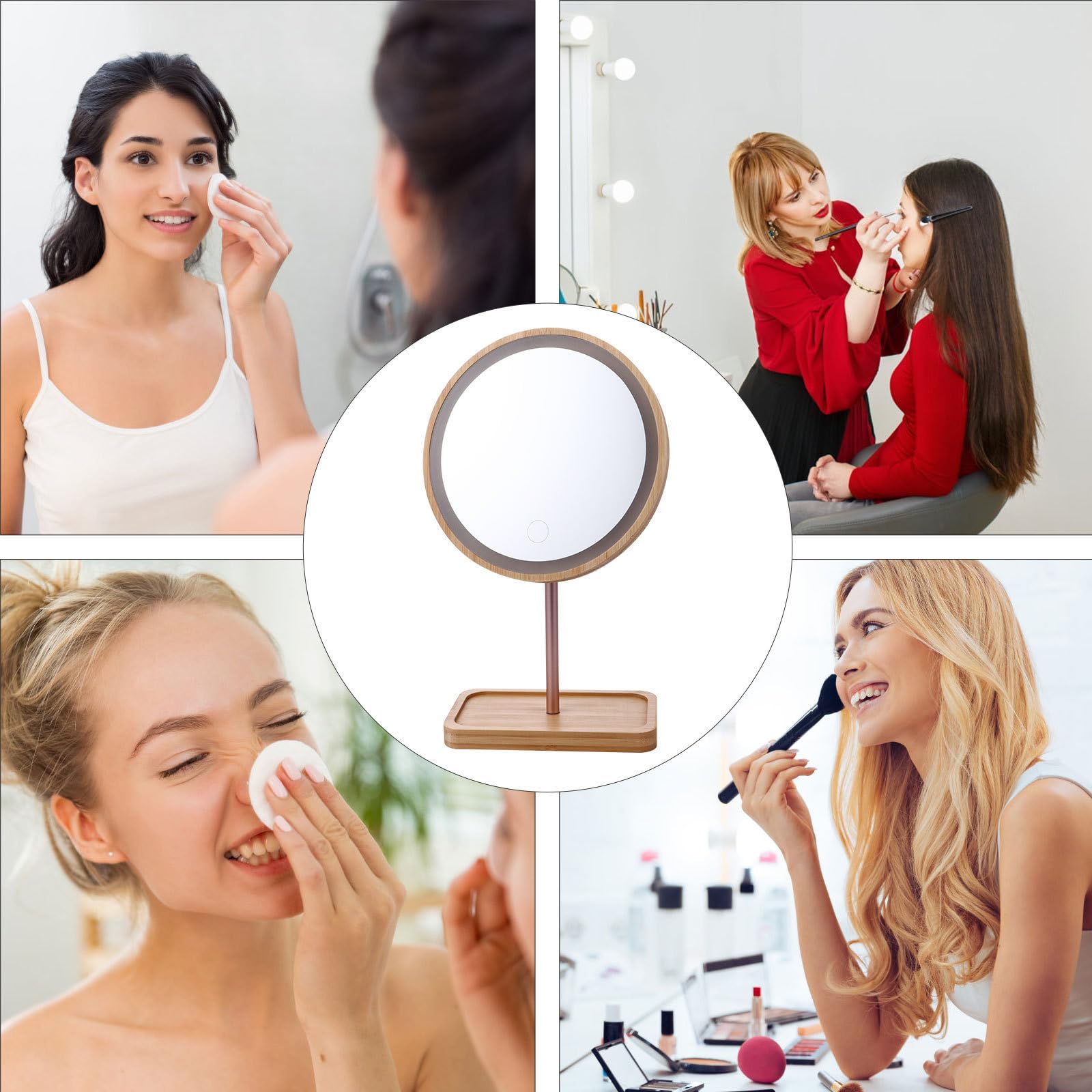 Genérico Espejo y Madera Beige Material Sintético de Maquillaje LED con Base Estable y Diseño Táctil Adecuado para Maquillaje Diario y Obsequio Elegante
