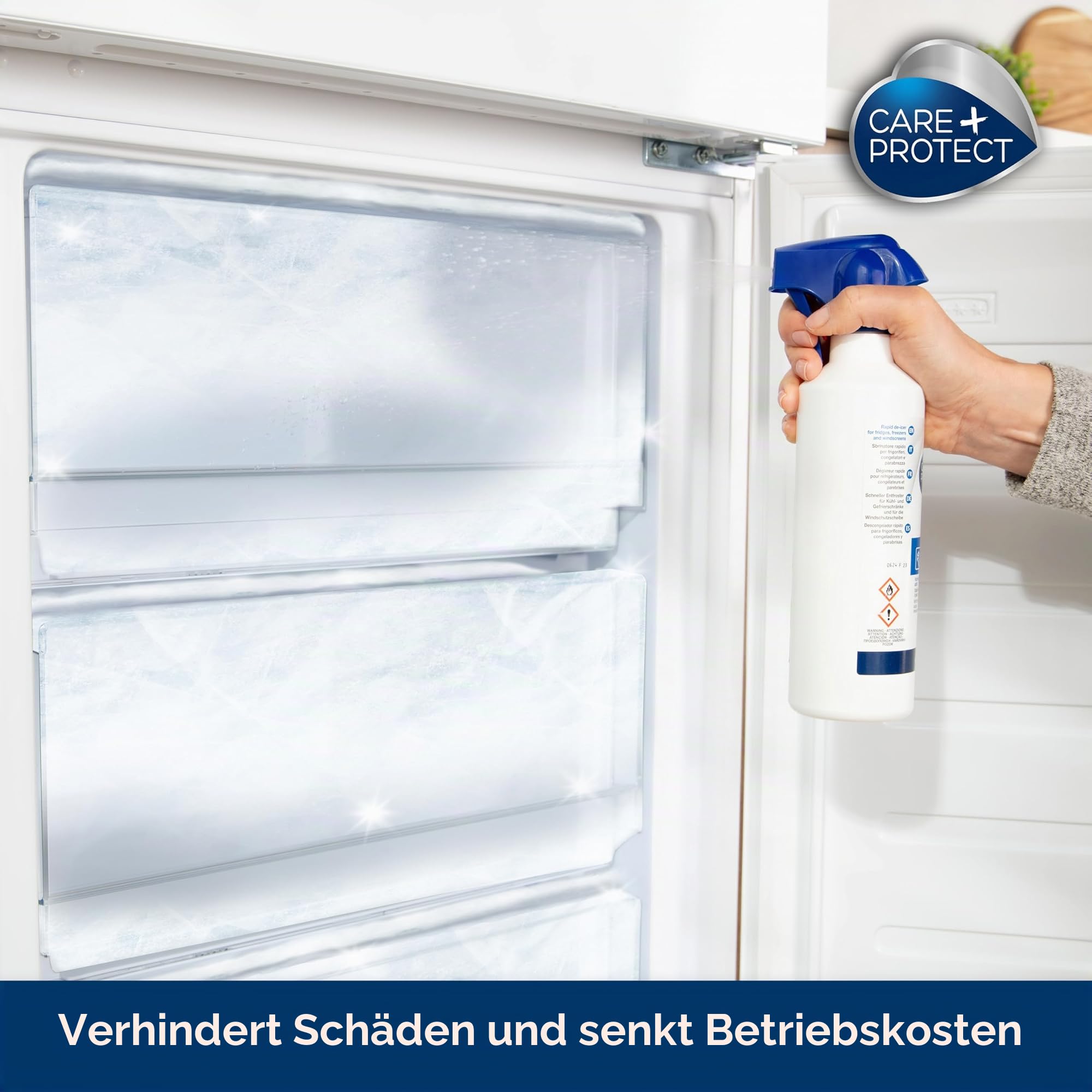 CARE+PROTECT Enteiserspray für Gefrierschrank & Kühlschrank I 500ml Abtauspray für Gefrierschrank, Kühlschrank oder als Scheibenenteiser I Entfernt Eis schnell & mühelos, verhindert neue Eisbildung Drogerie & Körperpflege