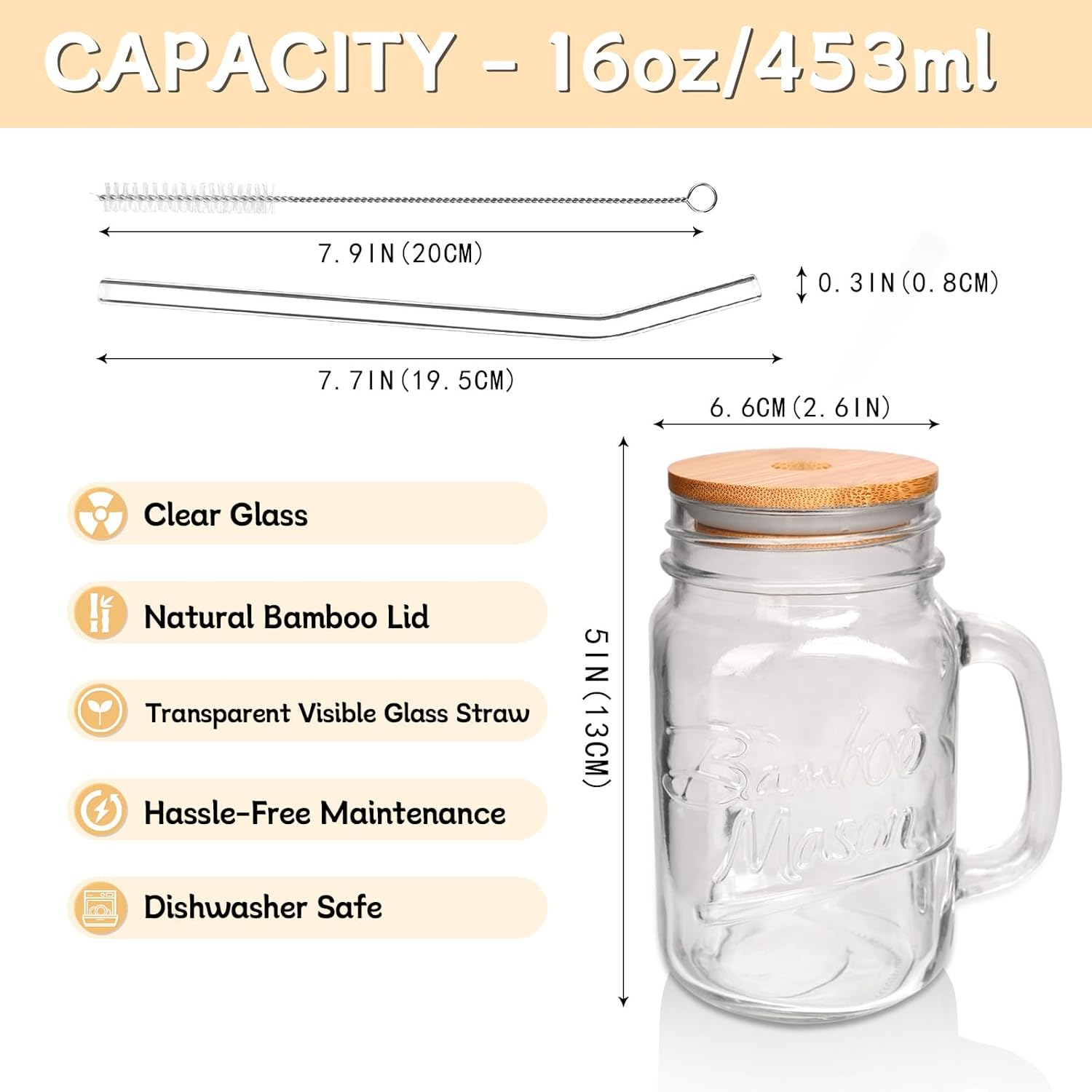 ANOTION Mason Jar Drinking Glasses - 16oz Mason Jars Glass Cups With Lids and Straws Iced Coffee Cup Mason Jar Juice Bottles Smoothie Cup Cute Mugs Glass Milk Bottle Vintage Glassware for Beverages - Image 2