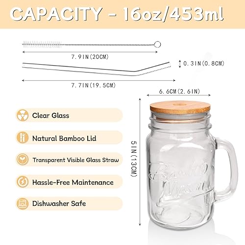 Miniatura 2 de ANOTION Vasos para beber Mason Jar  Tarros de vidrio de 16 onzas con tapas y pajitas, taza de café helado, botellas de jugo de masón, taza de