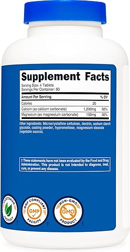 Miniatura 5 de Nutricost Carbonato de calcio y magnesio 240 tabletas, 1200 mg de Ca y 150 mg de mg por porción, 60 porciones, sin gluten, sin OMG