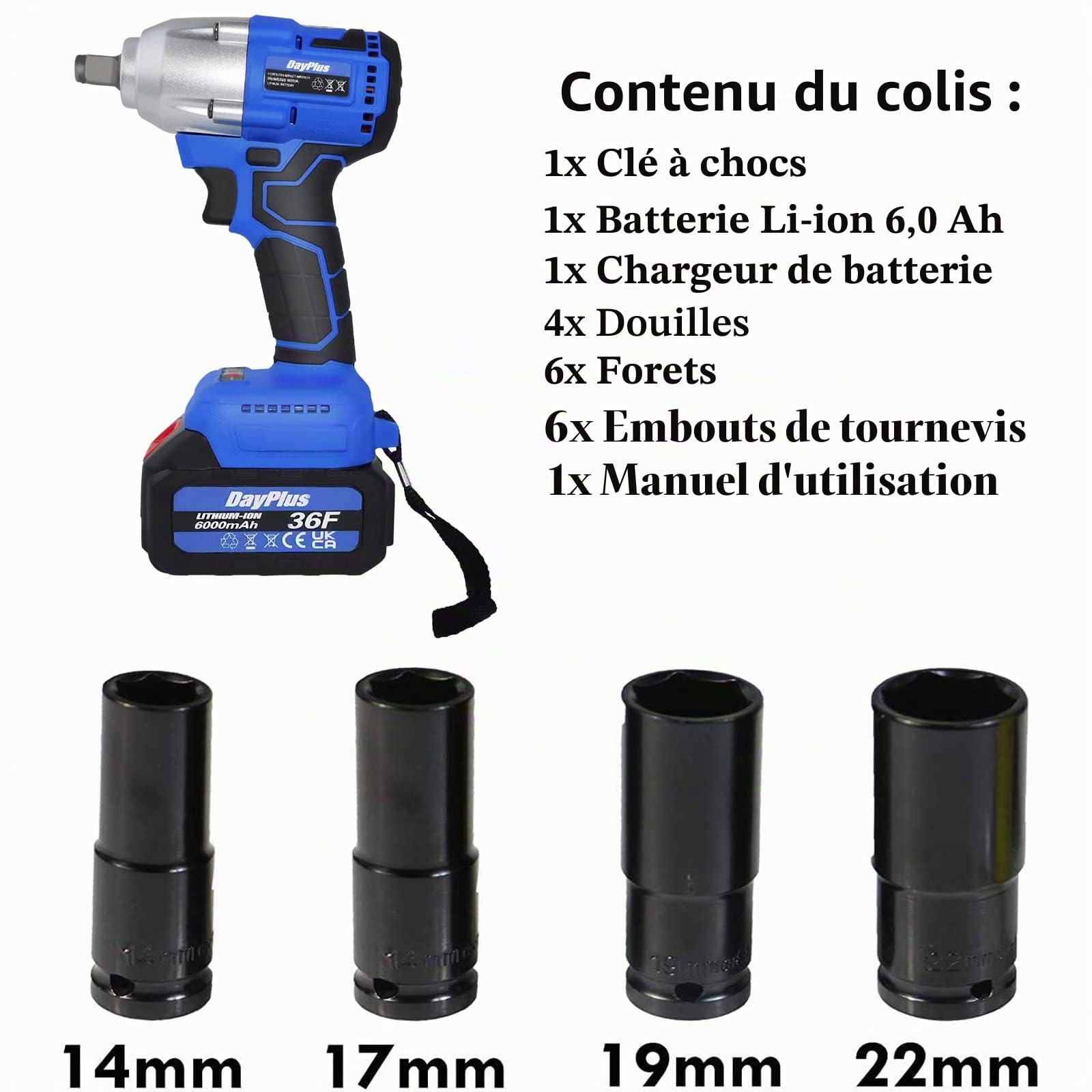 Clé à choc sans fil 21 V MAX pour réparation de voiture, pistolet à écrou de roue électrique 420 N.M à couple élevé, clé électrique sans fil avec 4 prises + 12 embouts de pilote + batterie 6,0 Ah