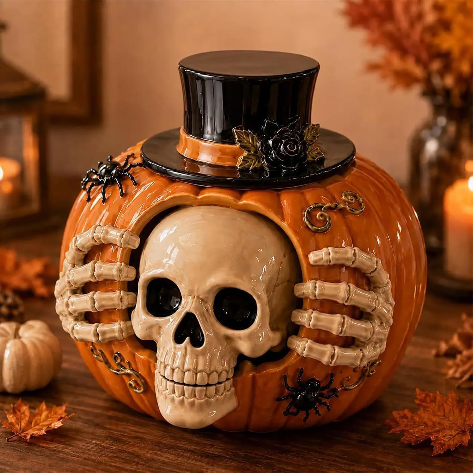 Skull Pumpkin Candy Jar with Removable Hat Lid Halloween Candy Bowl Holder