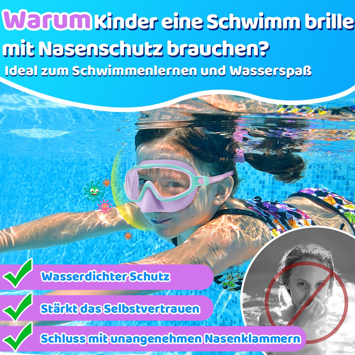 Vvinca Gafas de natación con clip nasal impermeables para niños de 3 a 15 años, juego de 2 unidades, máscara de buceo gran angular, antivaho/protección UV