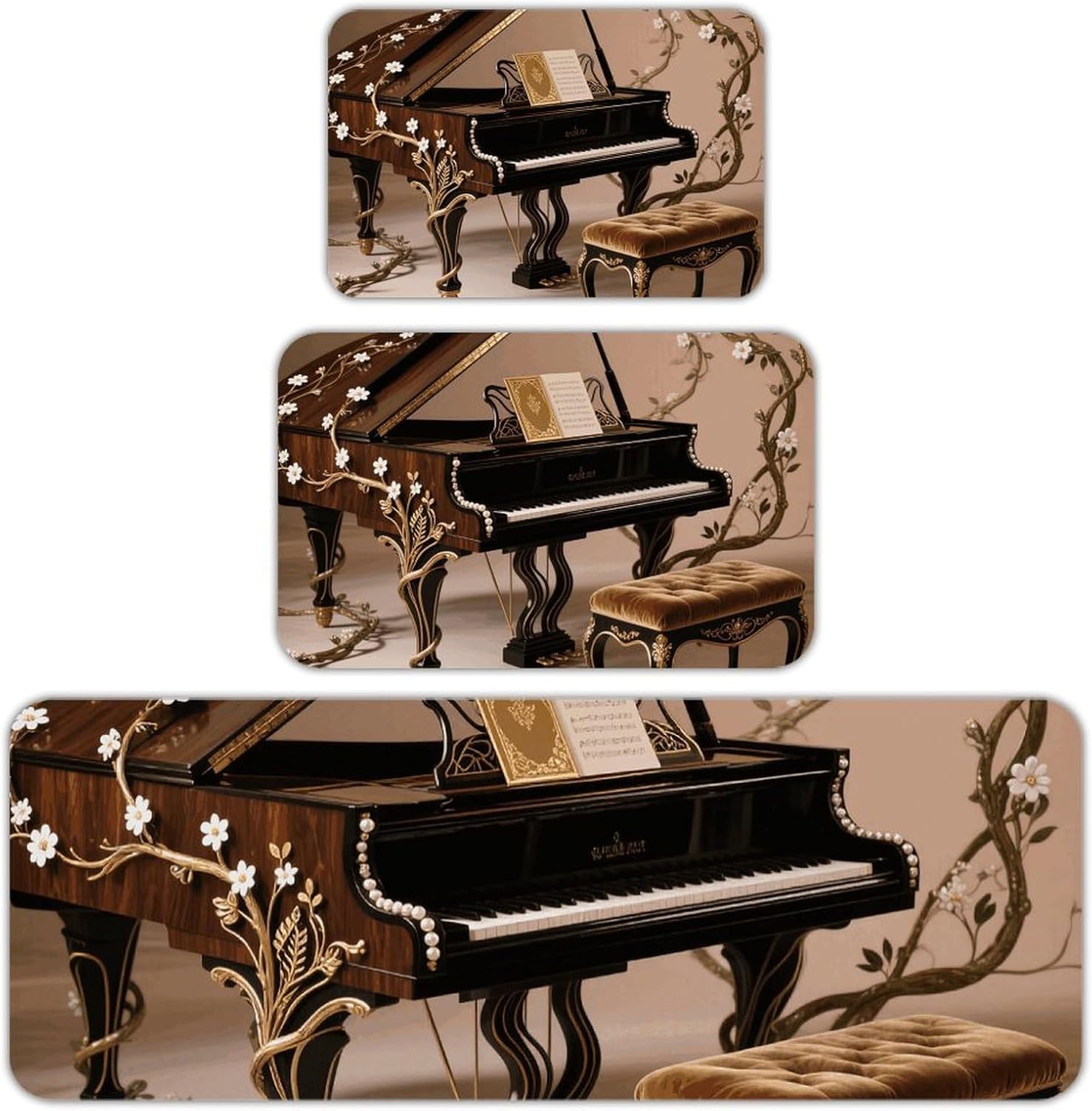 Ivy Covered Piano Kitchen Mats for Floor 3 Pcs Kitchen Rugs
