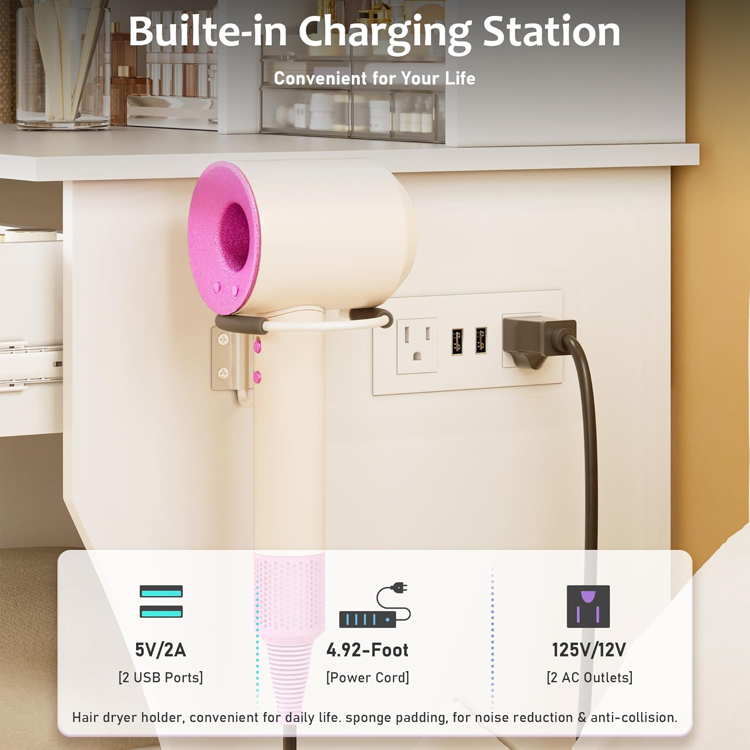 DYHOME Makeup Vanity Desk with RGB Ambient Light, White Small Vanity Set with Power Outlet, Storage Drawer, with 3 Lighting Modes & Adjustable Brightness Vanity Mirror, for Women Girls Bedroom