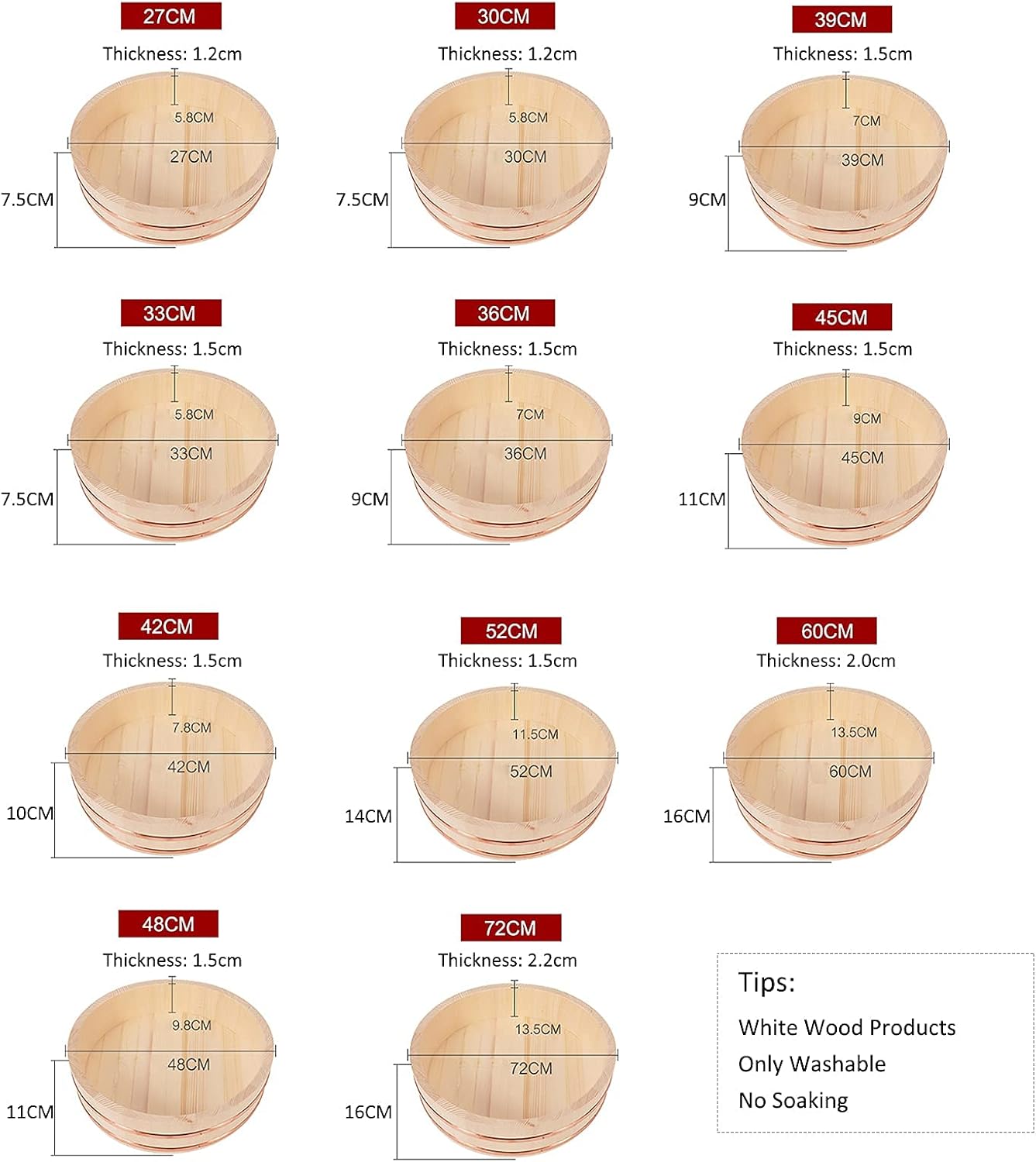 Wooden Rice Mixing Bowl Hangiri Sushi Oke Rice Mixing Tub with Rice Scoop Sushi Accessor for Sushi Restaurant Home Kitchen 36x8cm (52x13cm)