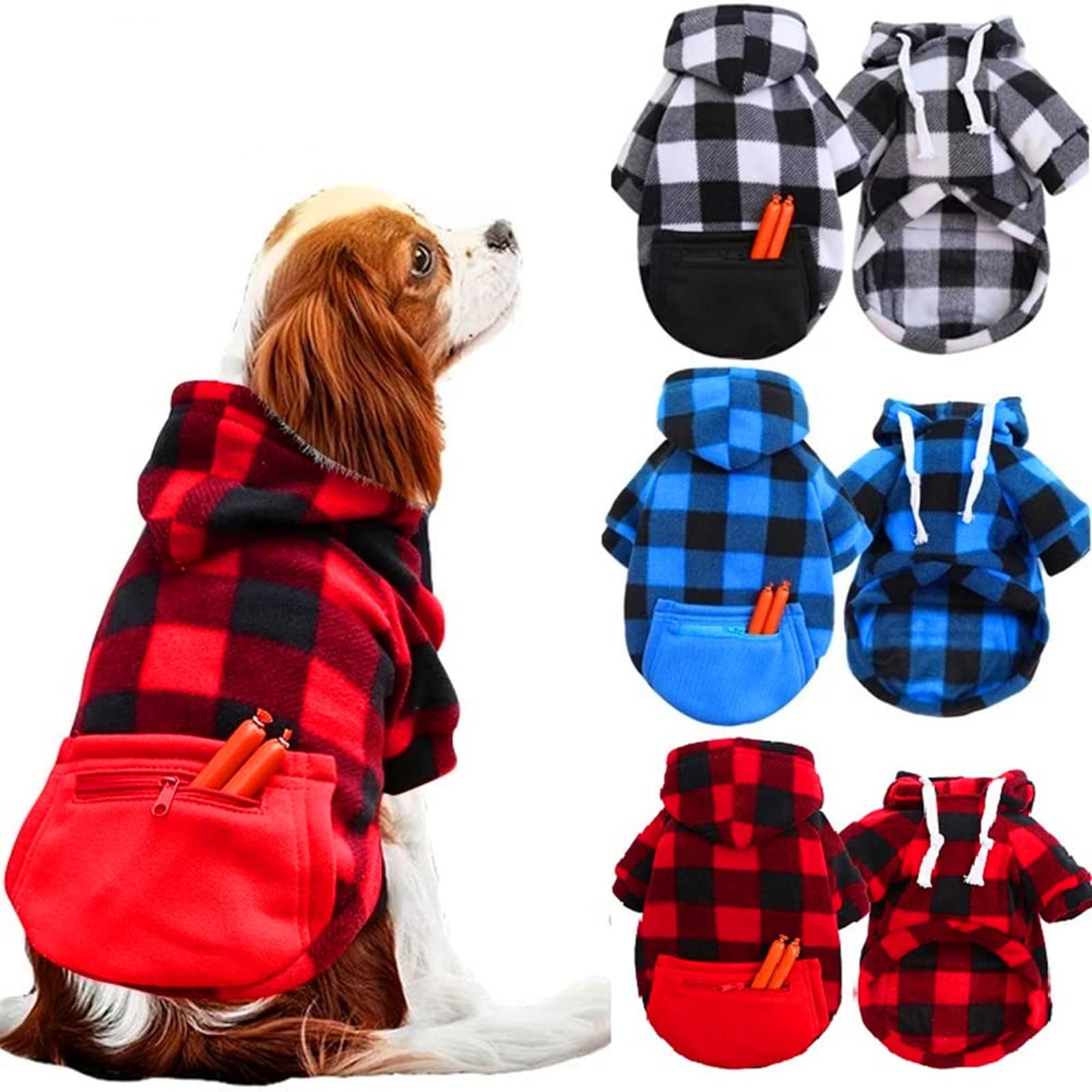 stablerice 3 Pieces Plaid Dog Hoodie Pet Clothes Sweaters with Hat and Pocket Christmas Classic Small Medium Dogs Winter Clothing Warm Fleece Hooded Coat Cold Weather for Cats, X-Large