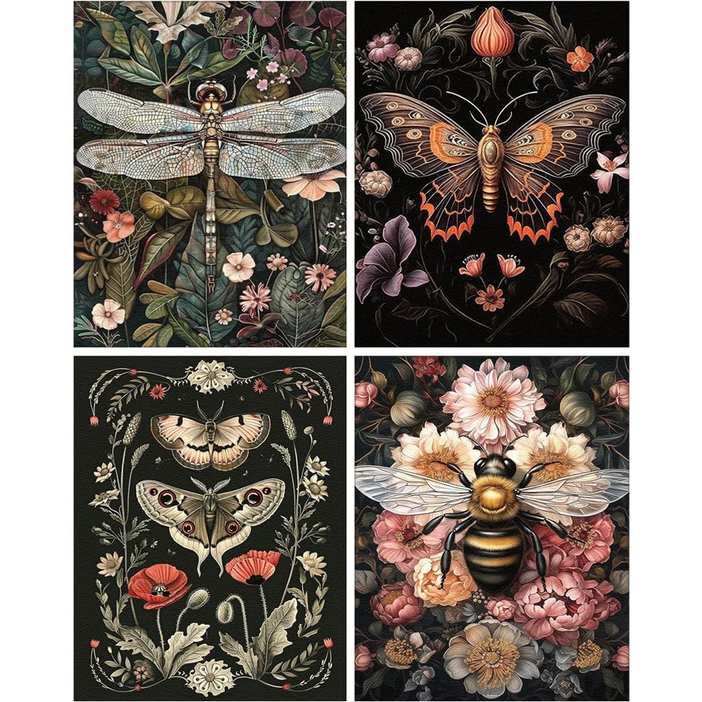 Jakener 4 Pack Diamond Art-Insect-251216 4 Pack Diamond Art Kits Adults, 5D Dragonflies, Butterflies, Moths, Bees Diamond Painting Kit For Adults, Diy Full Round Drill Crystal Gem Art Craft, Home Wall Decor 12X16 Inch