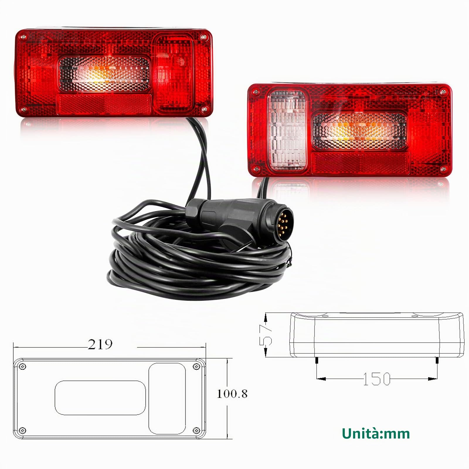 Fanali Luci Posteriori per Rimorchio 12v,Rimorchio Fanali Posteriori Impermeabile|E4|Cavo 5,2m Cablato Spina a 13pin|2xAttacco a Baionetta 5pin|7Funzione Rimorchio Posterior Fendinebbia