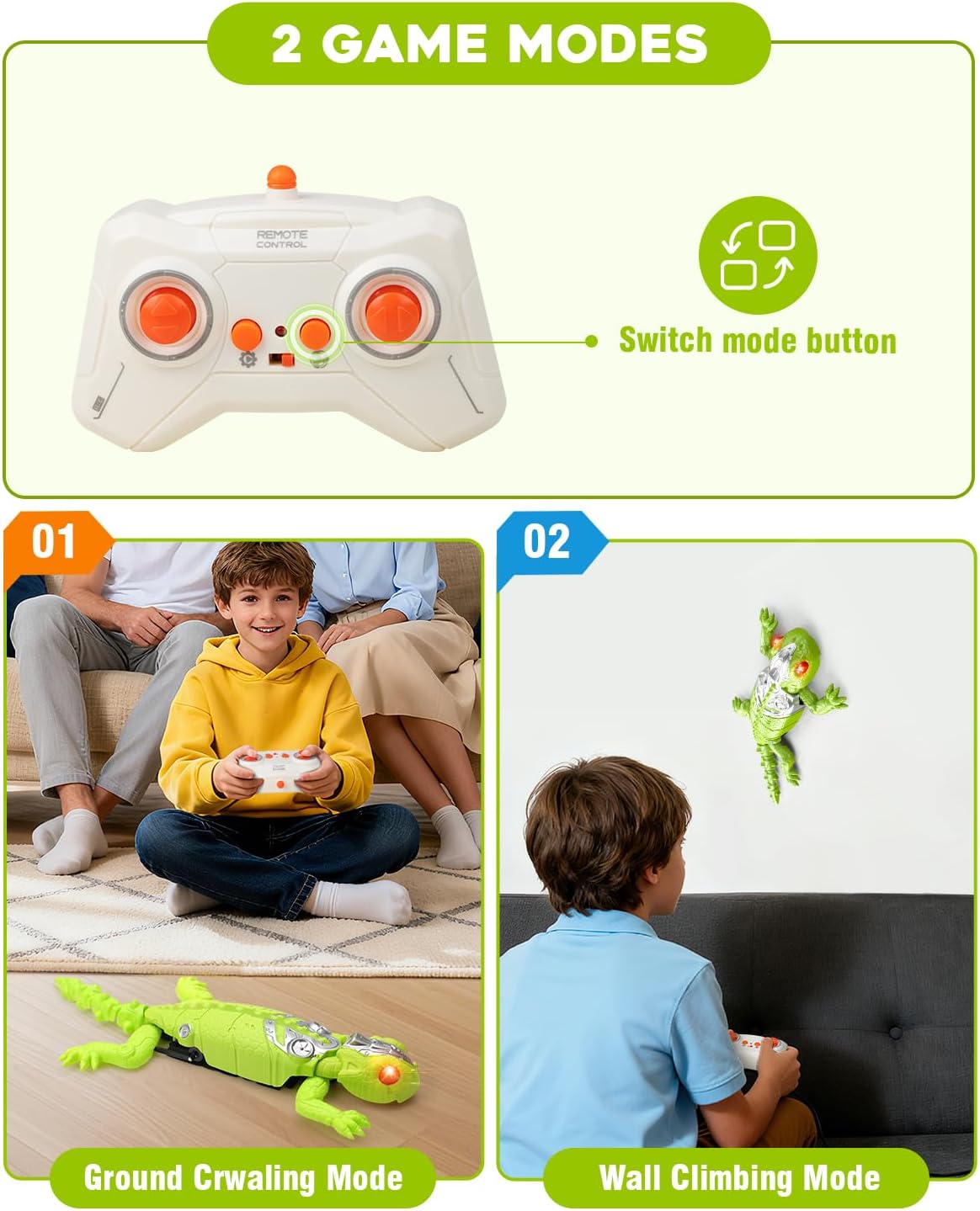 Wall Climbing Gecko Toy for Kids, Dual Mode Floor & Wall Driving, Rechargeable Remote Control Robot, Climbs up Toys & Games, Halloween Christmas Birthday Gifts for Boys Girls Ages 4 & Up（Green）