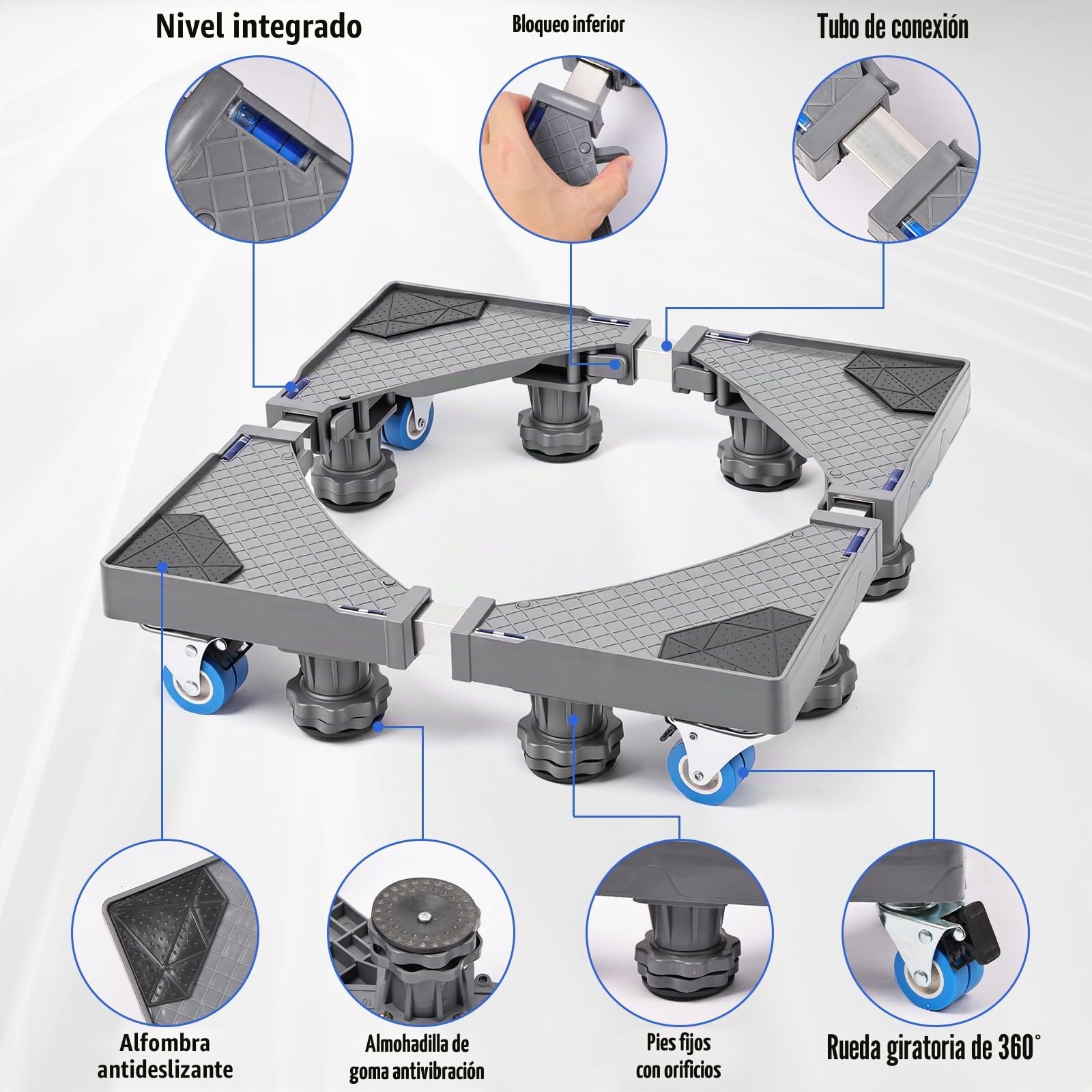 Base Lavadora, (45-75 cm) con 4 Ruedas y 8 Patas 300 kg Soporte Lavadora Secadora Ajustable Antideslizante Amortiguadores, Elevador Universal para Frigorífico y Lavavajillas