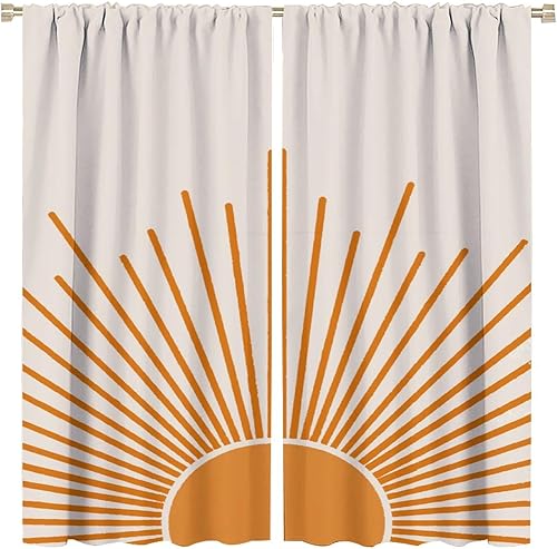 Cortinas bohemias rústicas con patrón de sol naranja opaco, bolsillo para barra, cortinas para ventana para dormitorio, sala de estar, 42 x 54