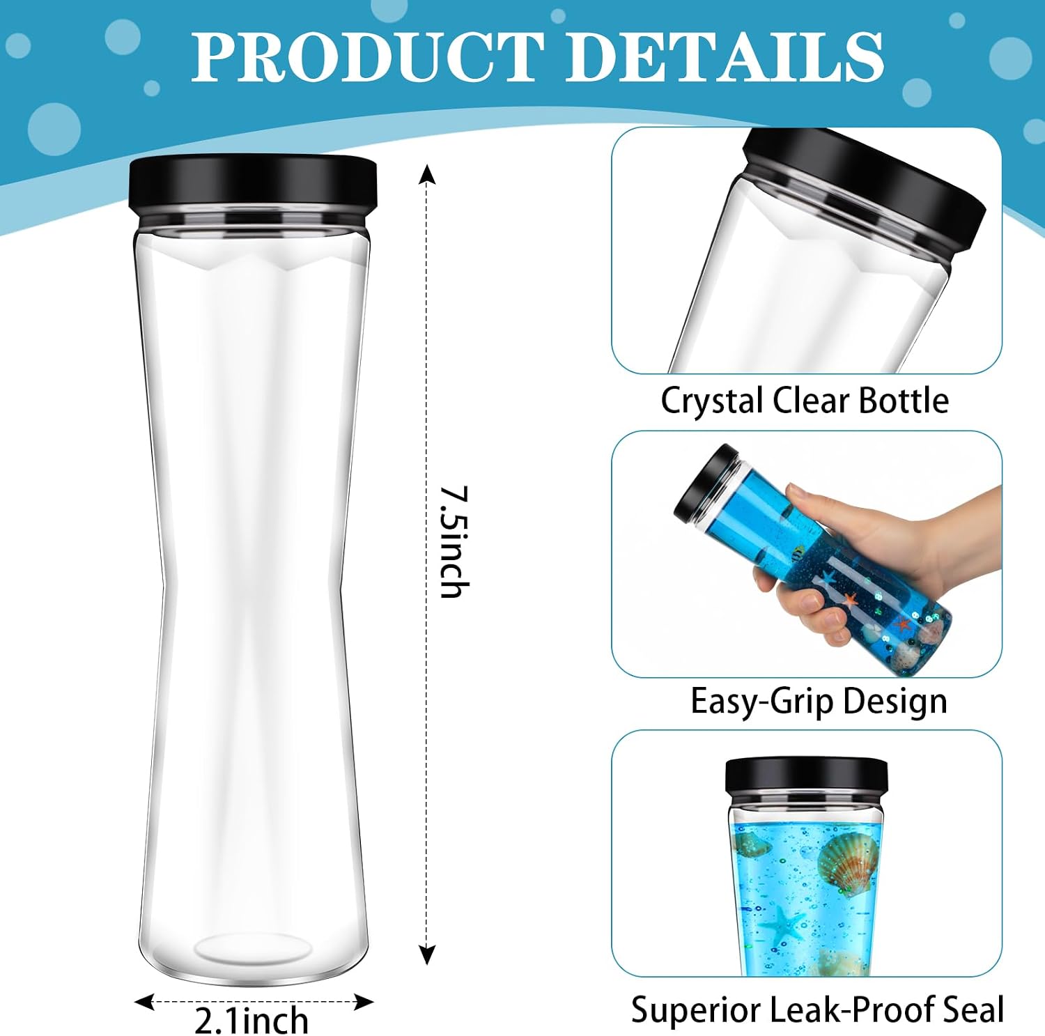 24 Pcs Sensory Bottles Empty DIY Plastic Reusable Clear Plastic Sensory Water Bottles with Caps 10 oz 4 Unique Ergonomic Shapes(Small Waist)