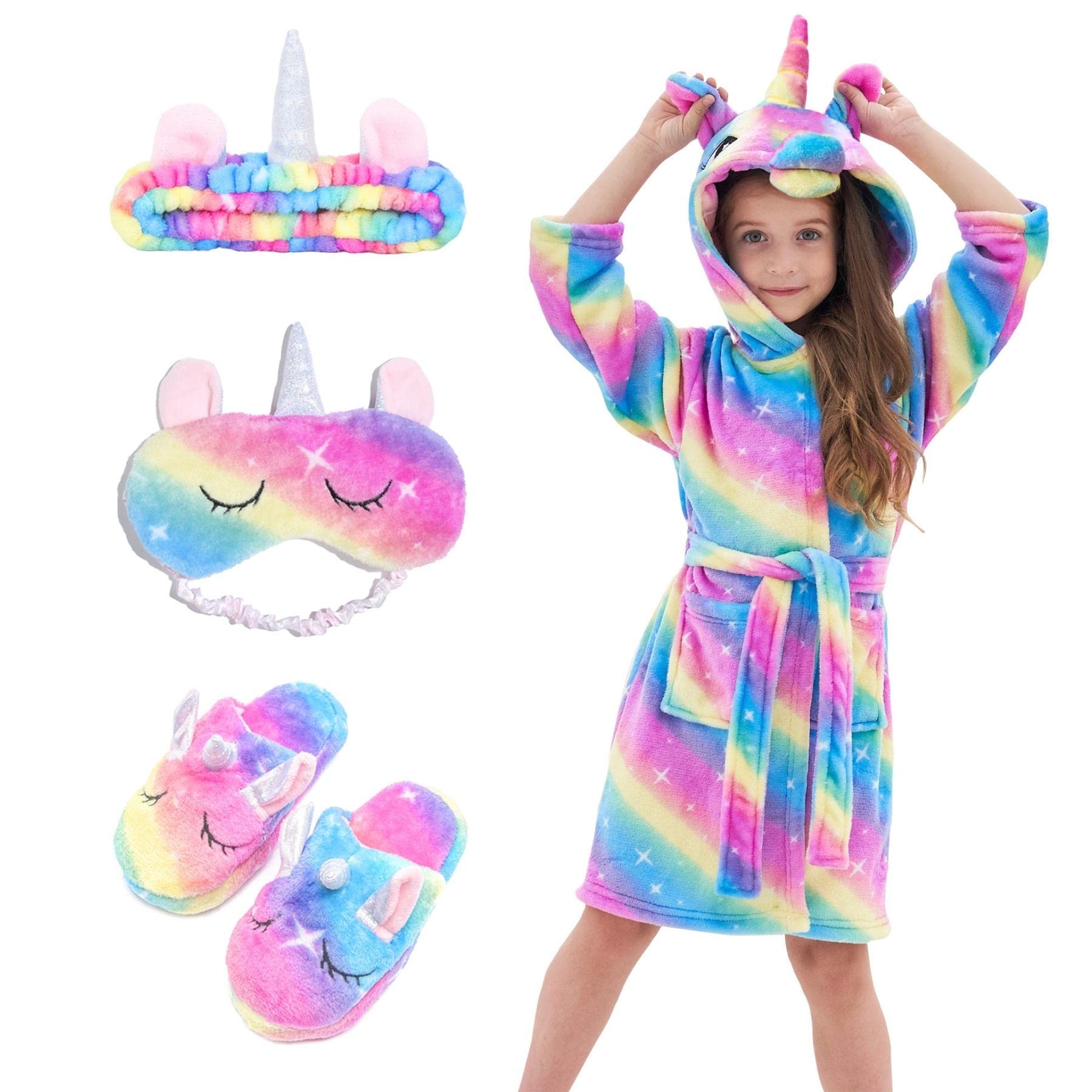 Bambina Accappatoio Morbido Unicorno Vestaglie con Cappuccio per Bambine con Unicorno Pantofole, Benda e Fascia - Regali per Ragazze