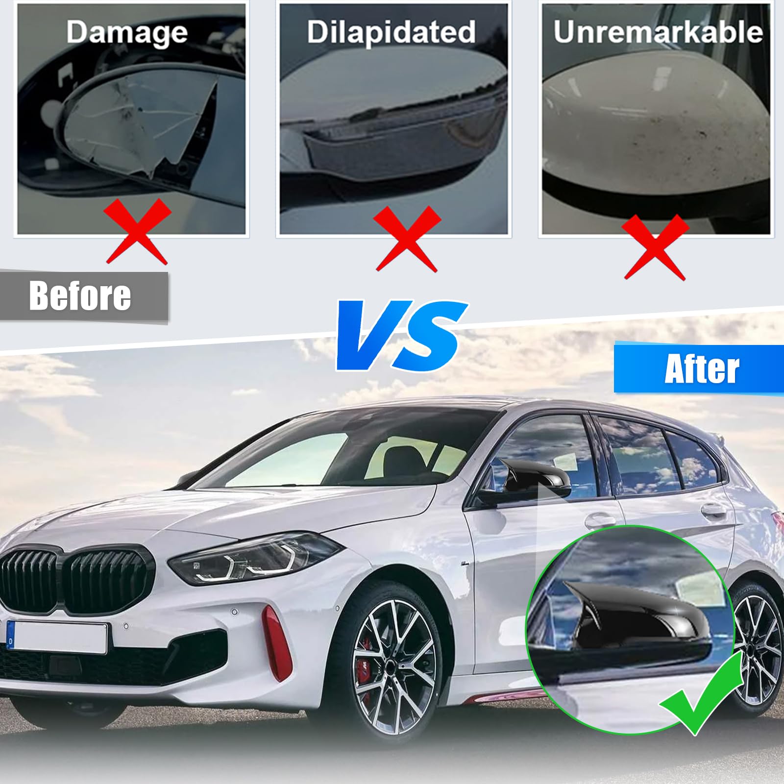 Spiegelabdeckungen Ersatz für BMW 1 Series Touring F40/F53 2017-2024/2 Series Gran Coupe F44 2020-2024/X1 F48 F49 2016-2022/X2 F39 2018-2023, 1 Paar Auto Spiegelkappen Außenspiegelkappe