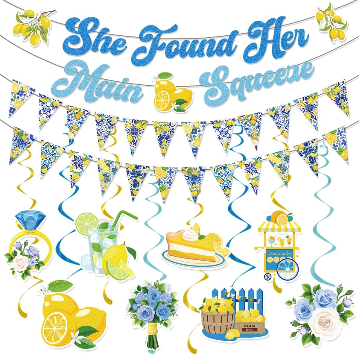 Lemon Bridal Shower Decorations Include She Found Her Main Squeeze Glitter Banners Lemon Bunting Banners Hanging Swirls Amalfi Coast Lemon Theme Party Supplies for Bridal Shower