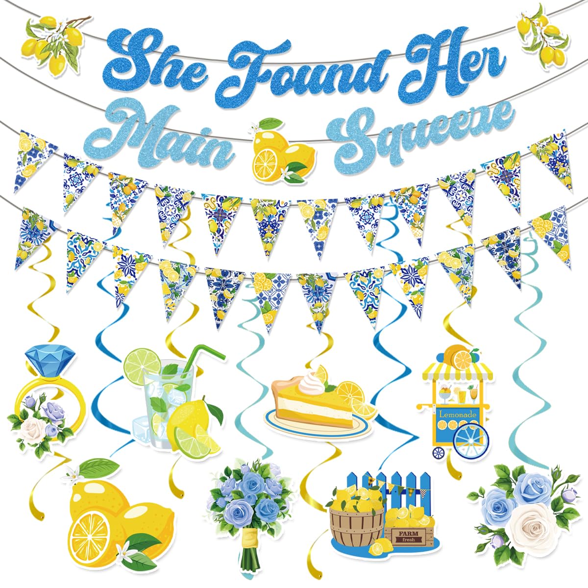 Lemon Bridal Shower Decorations Include She Found Her Main Squeeze Glitter Banners Lemon Bunting Banners Hanging Swirls Amalfi Coast Lemon Theme Party Supplies for Bridal Shower