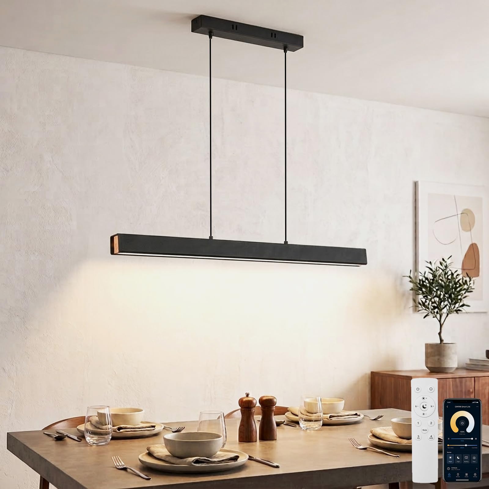 Moderna lampada a sospensione da tavolo da pranzo a LED , lampadario nero in Legno Dimmerabile con Telecomando, Regolabile in altezza Lineare lampada sospensione per Soggiorno, Cucina, Ufficio,80cm