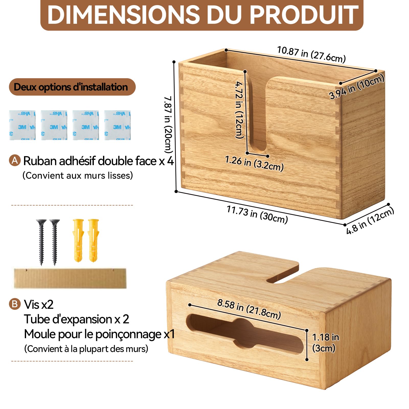 KIRIGEN Distributeur d’Essuie-Mains, Porte-Serviettes en Bois, Naturel | Plis C, Z et multifold, fixation murale, intérieur 27,5 × 10 cm, livré monté, assemblages à tenon et mortaise, huile végétale