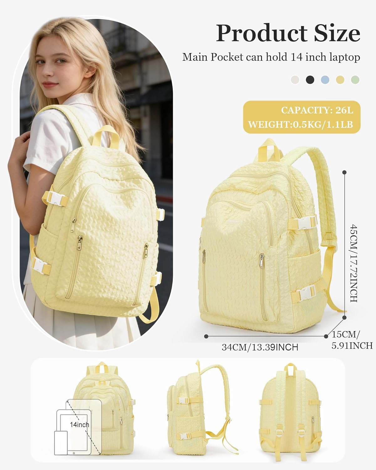 weradar Lightweight Middle School Bag For Teens Girls,Kawaii Backpack For College Students,Aesthetic Bookbag,Cute School Backpack For Women Casual Daypack(Yellow) - Image 2