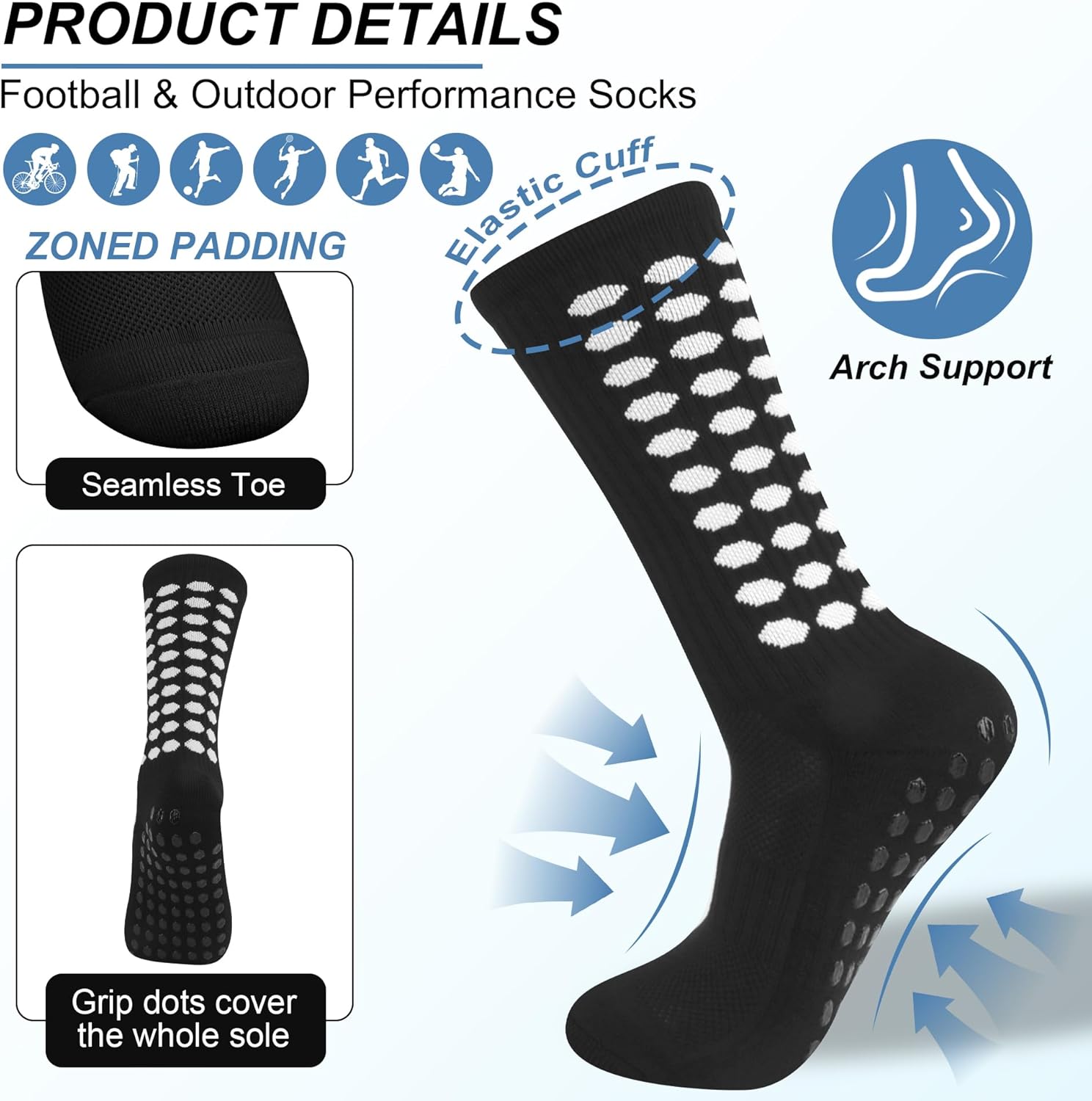 Pro-Grade Football Socks 3-Pair - Anti-Slip Grip Soccer Socks with Arch Support & Breathable Mesh (Black, Men/Women)​ - Image 4