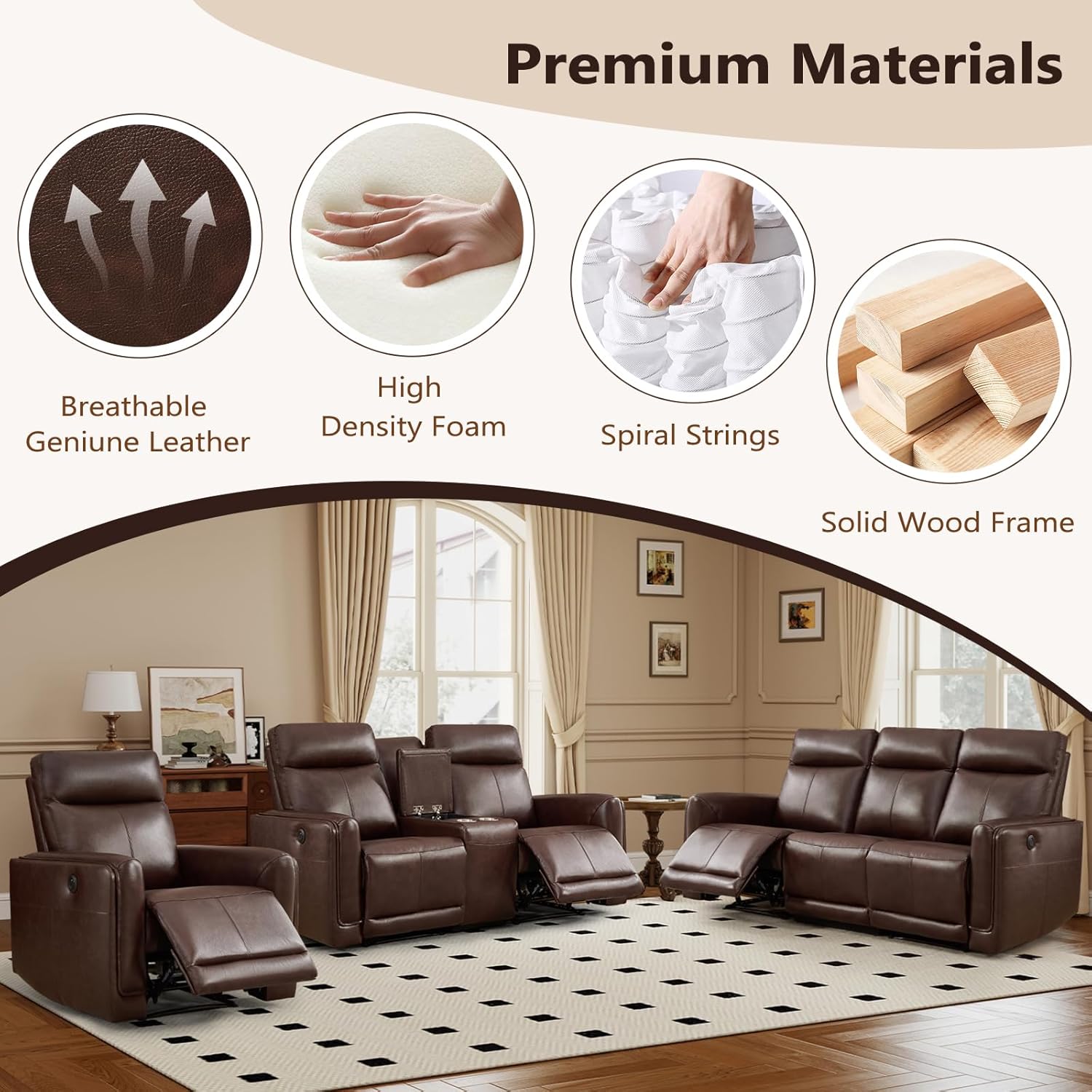 ANJ Premium Genuine Power Reclining Sofa Set with Charging Ports, Included Loveseat 2-Seate with Center Console and Electric 3-Seater Reclining Couches, 2-Piece Living Room Furniture Set, Dark Brown