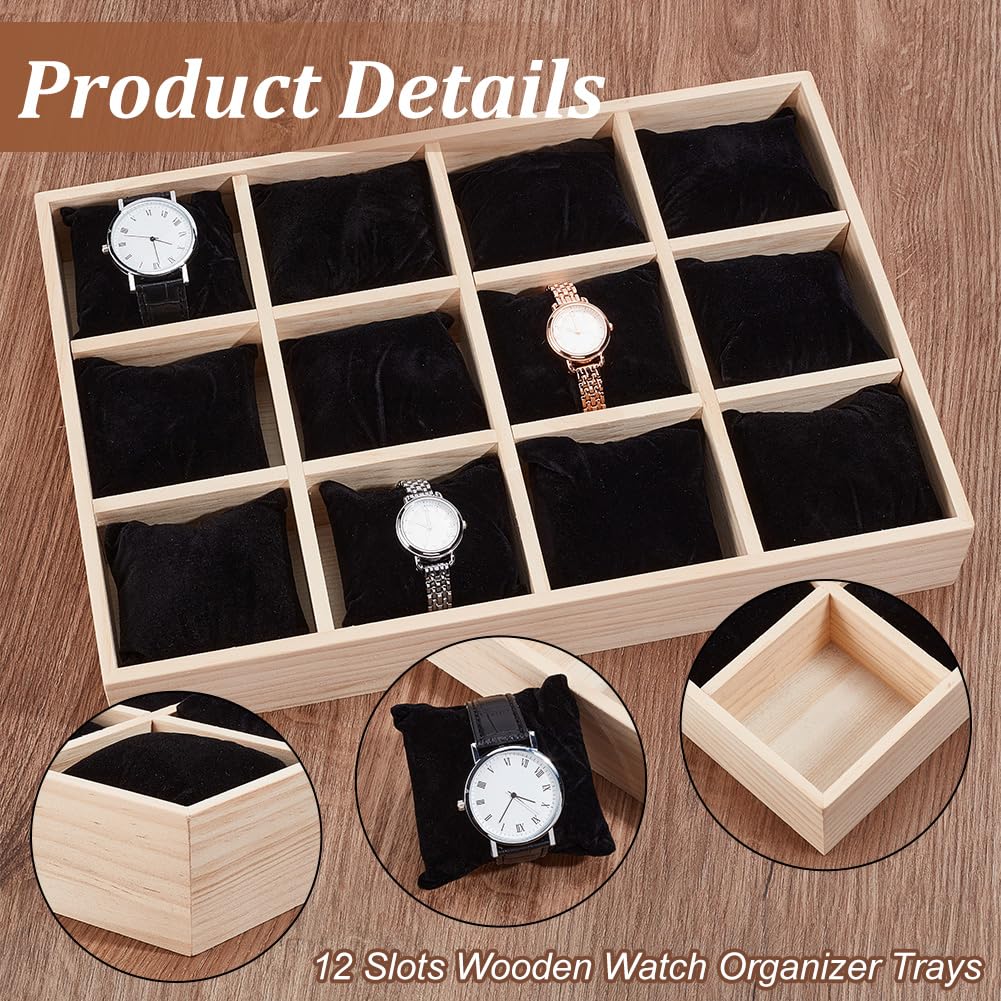 PH PandaHall Vassoio Porta Orologi In Legno con 12 slot per Espositore per Orologi con Cuscini Rimovibili In Velluto, Vassoio Porta Bracciale per Vetrina Espositiva per Orologi Da Cassetto, Nero