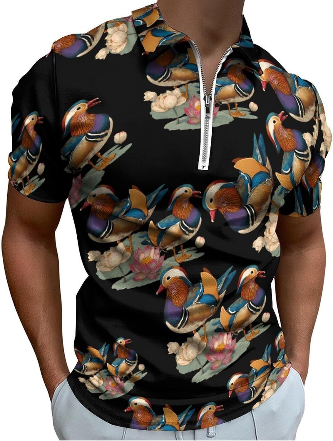 Lotuses Mandarin Ducks Men's Polo Shirts Golf Short Sleeve Tops | Casual Workout,Golf T-Shirt,Zippered Tee,Collared,Print