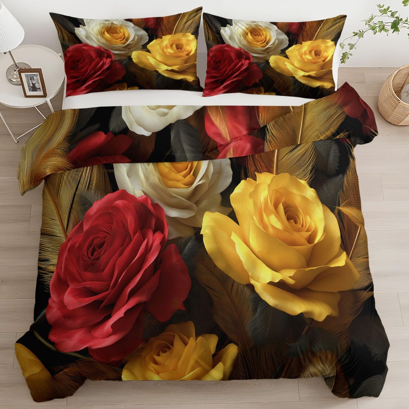 Copripiumino Matrimoniale Biancheria da Letto Morbida Antirughe, 3D Retro Fiori Rose Fantasia 200 x 200 cm, Parure Copripiumino con federe Sacco Piumone Camera Da Letto Per Bambini Giallo Scuro
