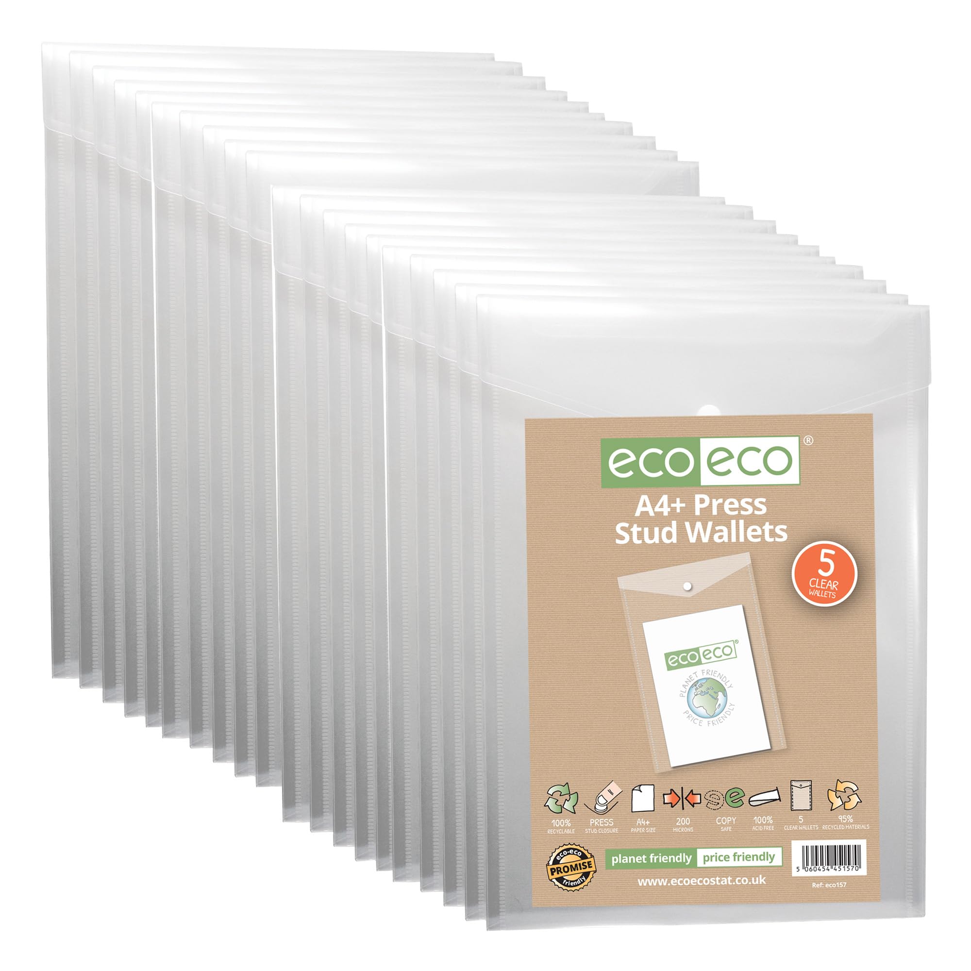 eco-eco A4 50% Recycled Clear Transparent Portrait Press Stud Popper Wallet, Plastic Folders 330x235mm (Pack of 20), 200mic, eco157x4