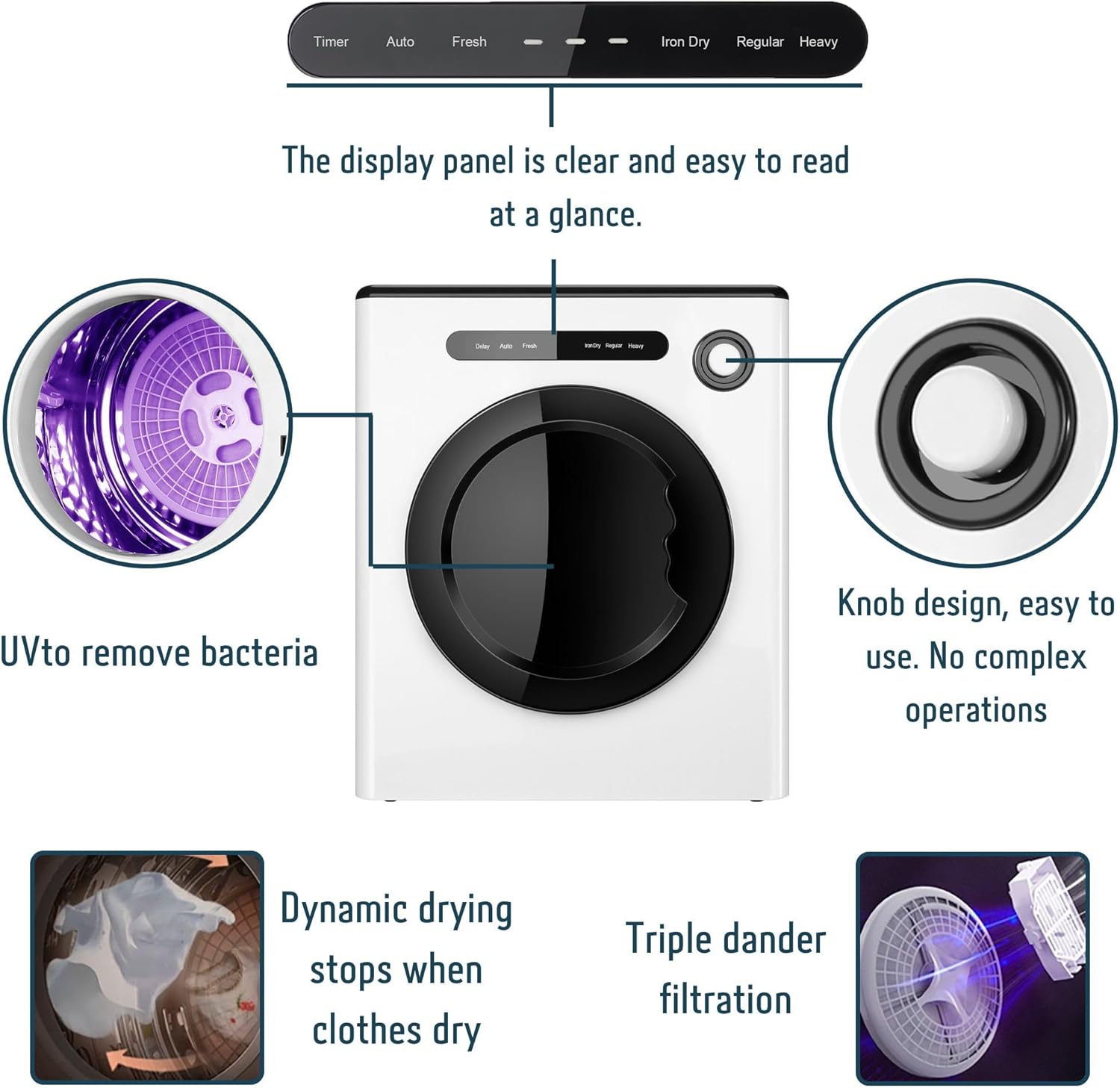 11LBS Compact Dryer 950W Portable Clothes Dryer Machine for Small Spaces, RVs and Apartments - Quiet, Sturdy ，Easy to Use and LED Display