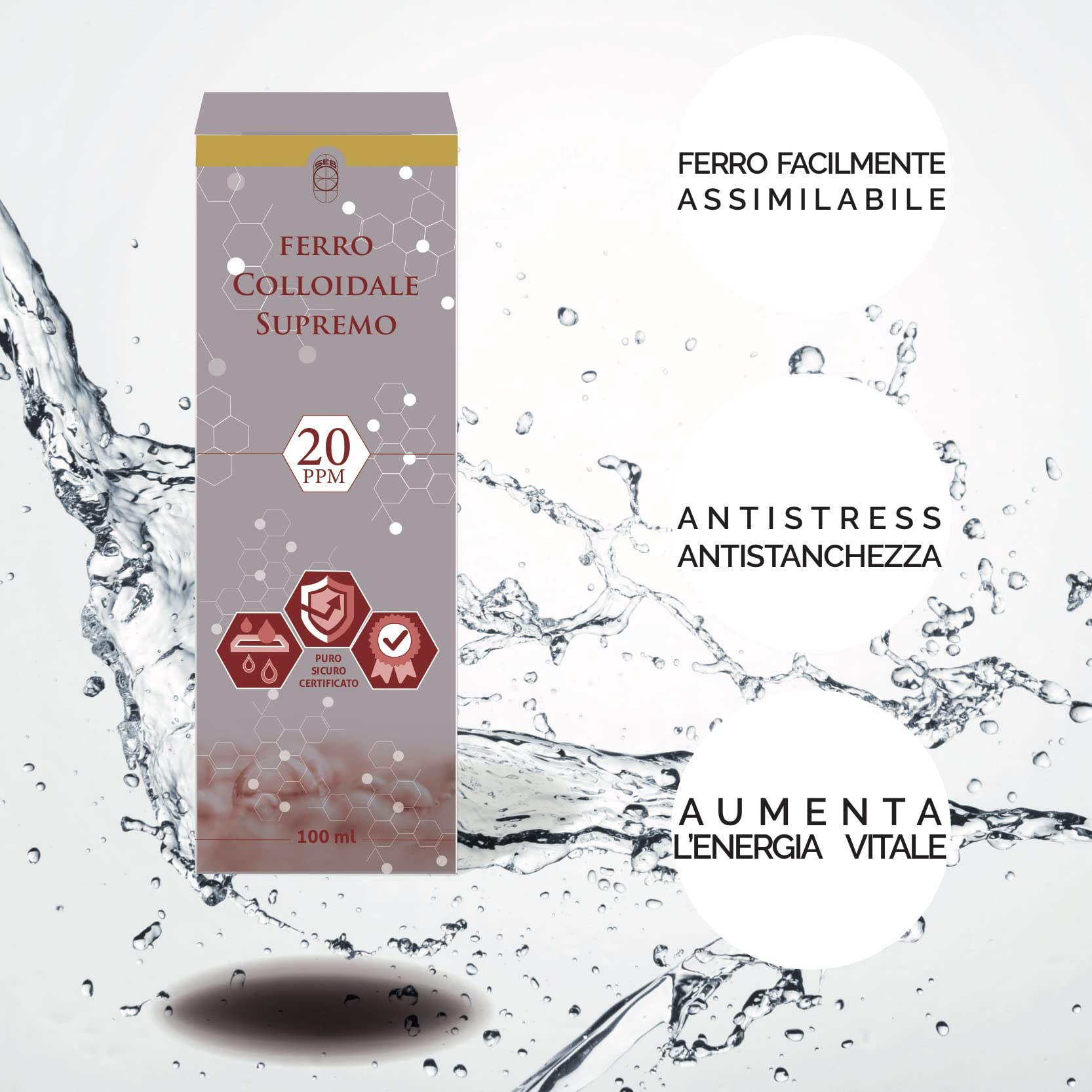 Ferro Colloidale Ionico Supremo - 20 ppm 100ml - Puro, Sicuro Certificato come Dispositivo Medico CE. Erogatori nella confezione: Contagocce e Spray