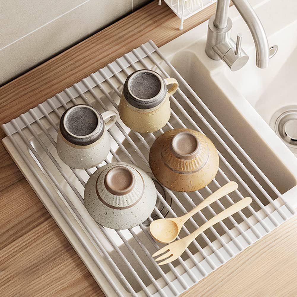 Dish Drainer, White Roll Up Dish Drying Rack, Over Sink Drying Rack with Silicone-Coated, Heat-Resistant Anti-Slip Dry Rack for Dishes Cups Fruits Vegetables - 17" x 13"