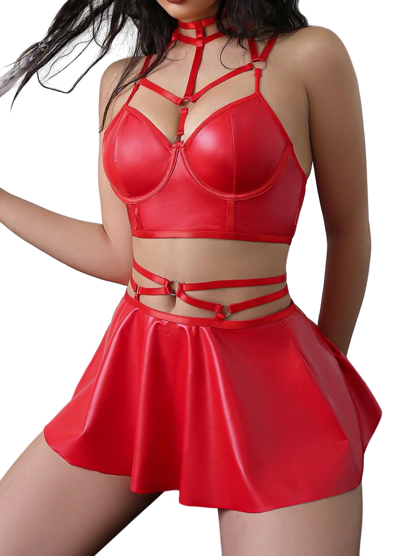 Foxiny Sexy Strappy Leather Underwire Mini Choker Lingerie Set Skirts Dress with Thong 3 Piece Outfits: X-Small Red