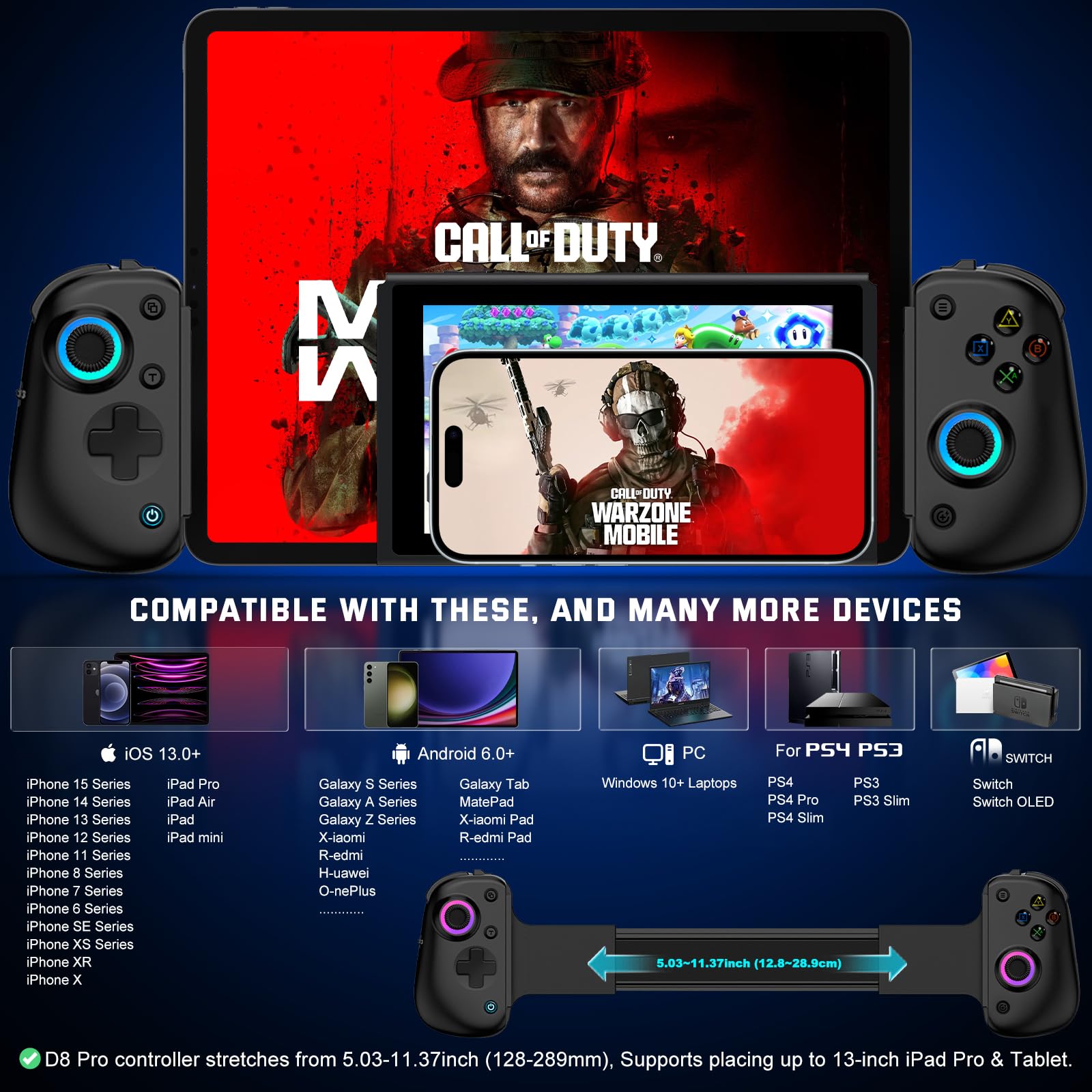 Joso Contrôleur de téléphone D8Pro pour iOS/Android/PC/Tablette/Switch/PS avec M1/M2 programmable/Turbo/6-Axis Gyro/Vibration Jouer à Call of Duty, Roblox, Cloud Gaming, Jouer à Distance