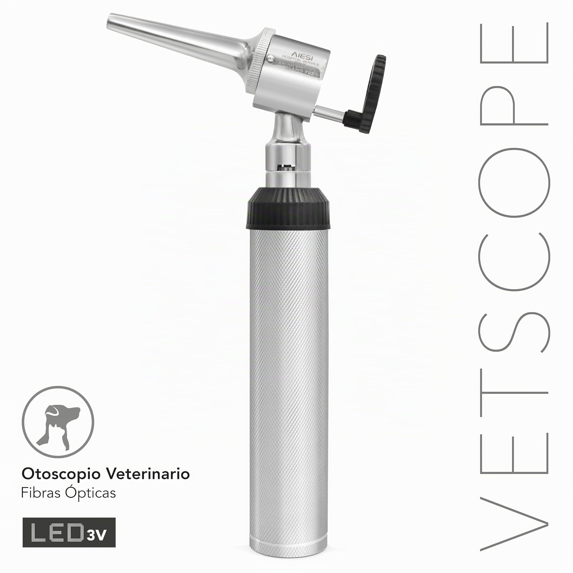 AIESI® Otoscopio Veterinario Profesional de cabeza abierta iluminación LED 3V blanca con 3 conos de acero inoxidable VETSCOPE, Garantía de 24 meses