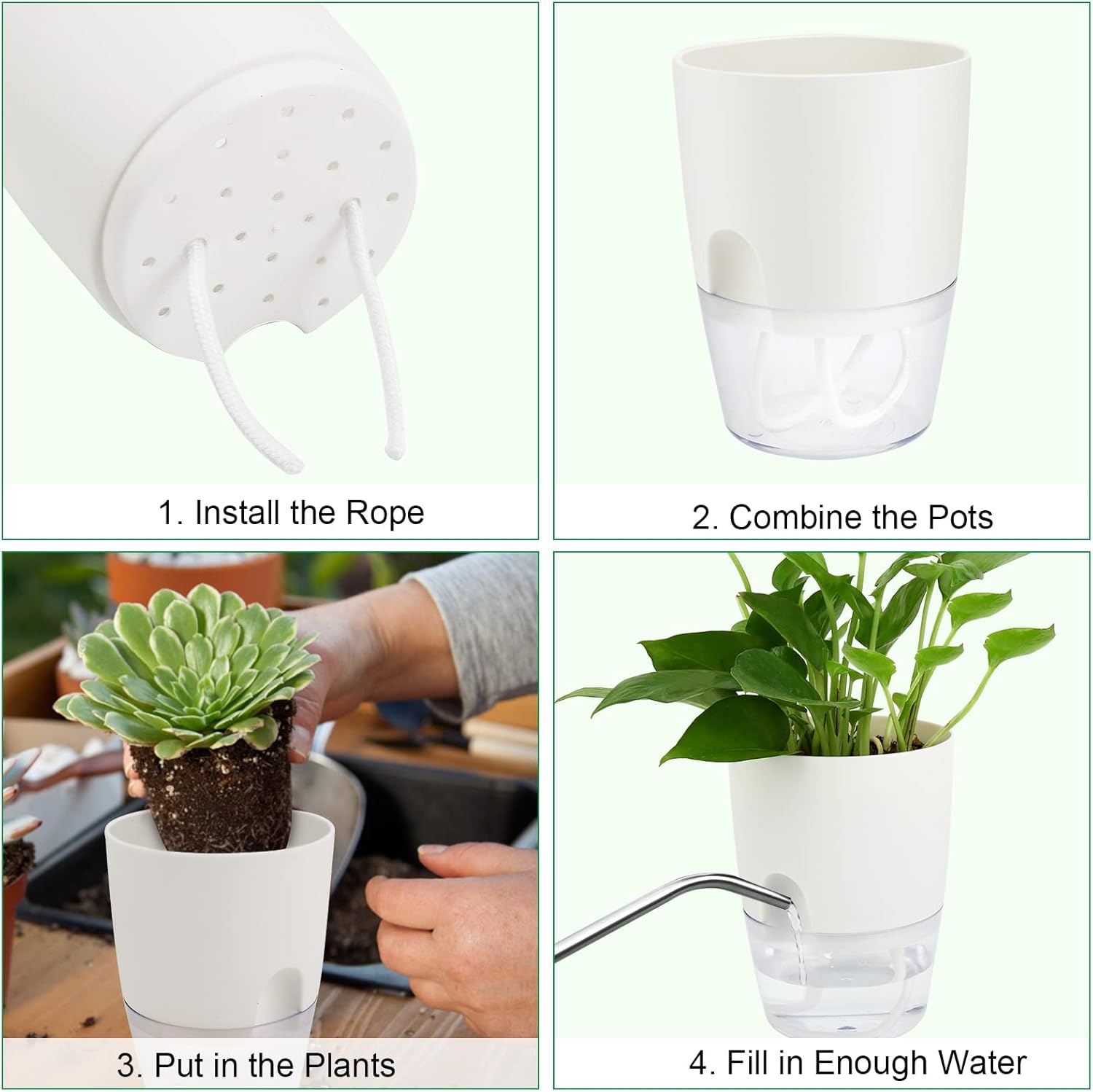 ShineMe Self Watering Pots, 5 Pack Self Watering Planters for Indoor Plants, 4.1 inch Plastic Plant and Flower Pots for African Violets, Herbs, Aloe, Peace Lily with Absorbent Cotton Rope - Image 5