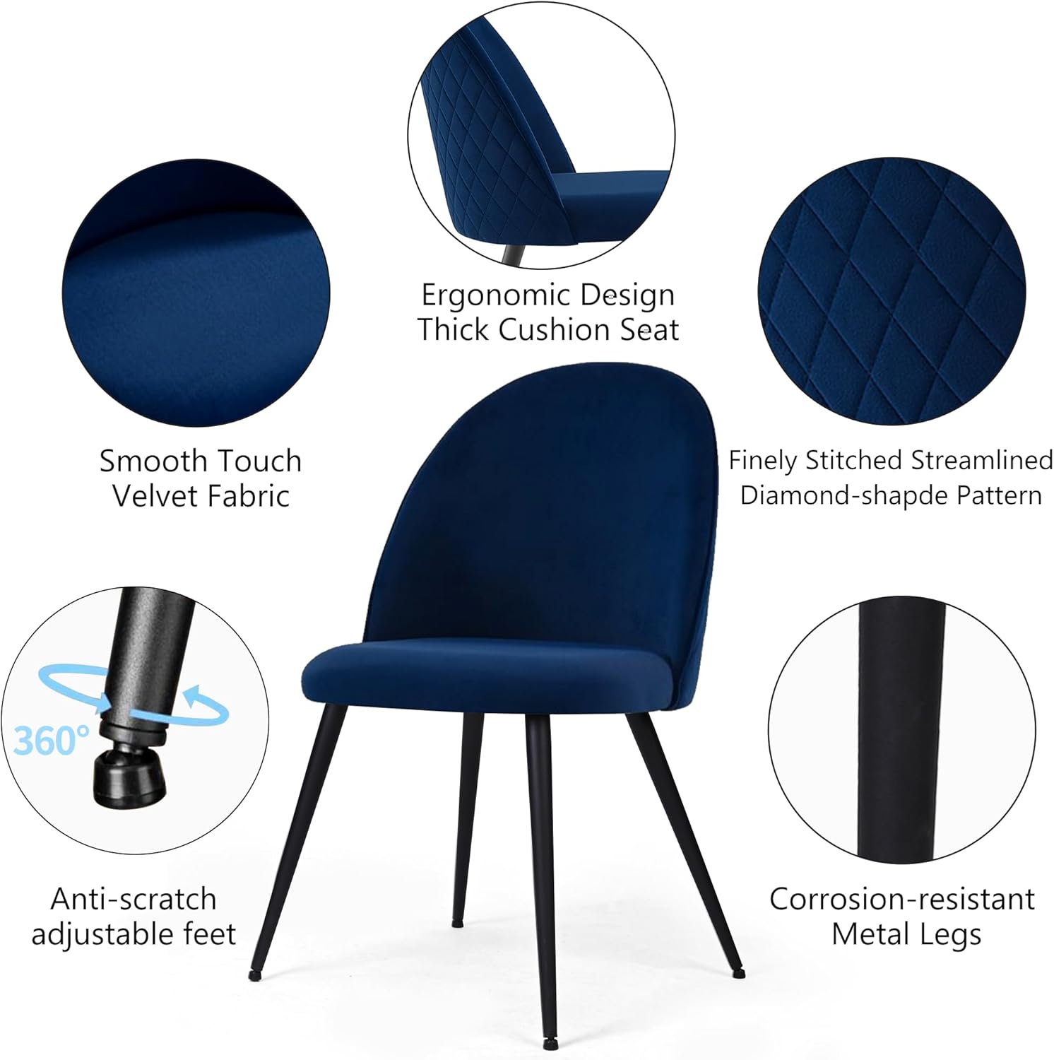 Dining Chairs Upholstered Set of 4, Modern Mid Century Home Kitchen Living Bedroom Chairs for Table, Navy Blue Dining Room Side Chairs Velvet with Padded Seat & Backrest for Small Spaces