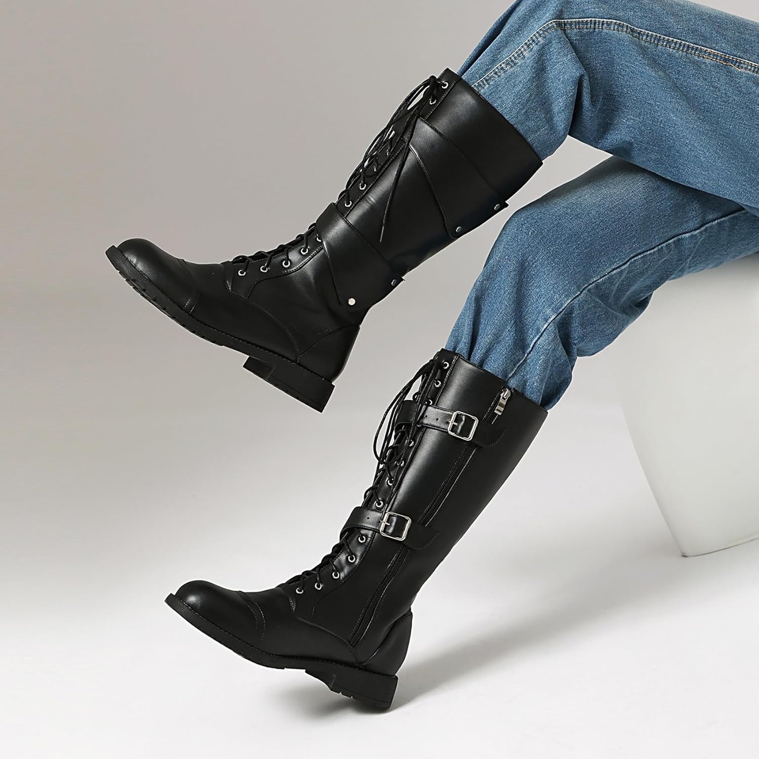 Leather Boots - High Calf Medieval & Renaissance Style with Buckle Straps, Round Toe for Motorcycle,Black,10