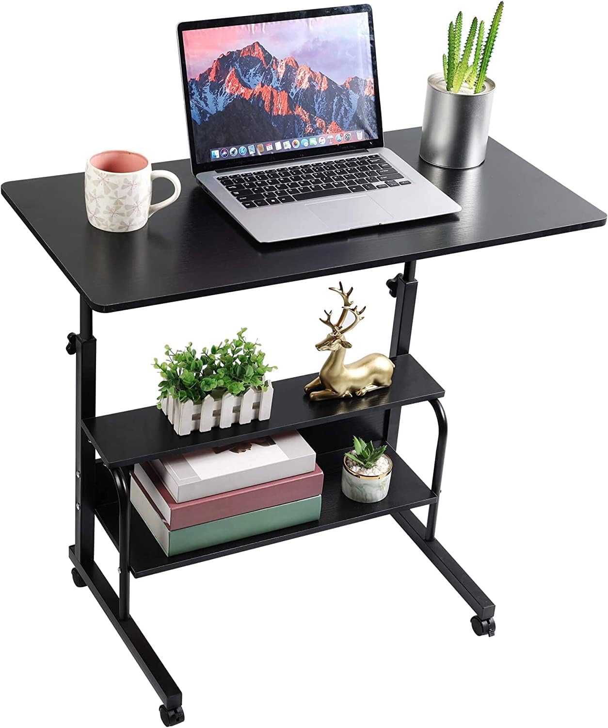Laptop Table Desk Stand Mobile Computer Workstation Home Office Movable End Table, Height Adjustable Storage Shelf Rolling Wheel, Computer Writing Desk Stand for Bedroom (80 * 40CM, Black)
