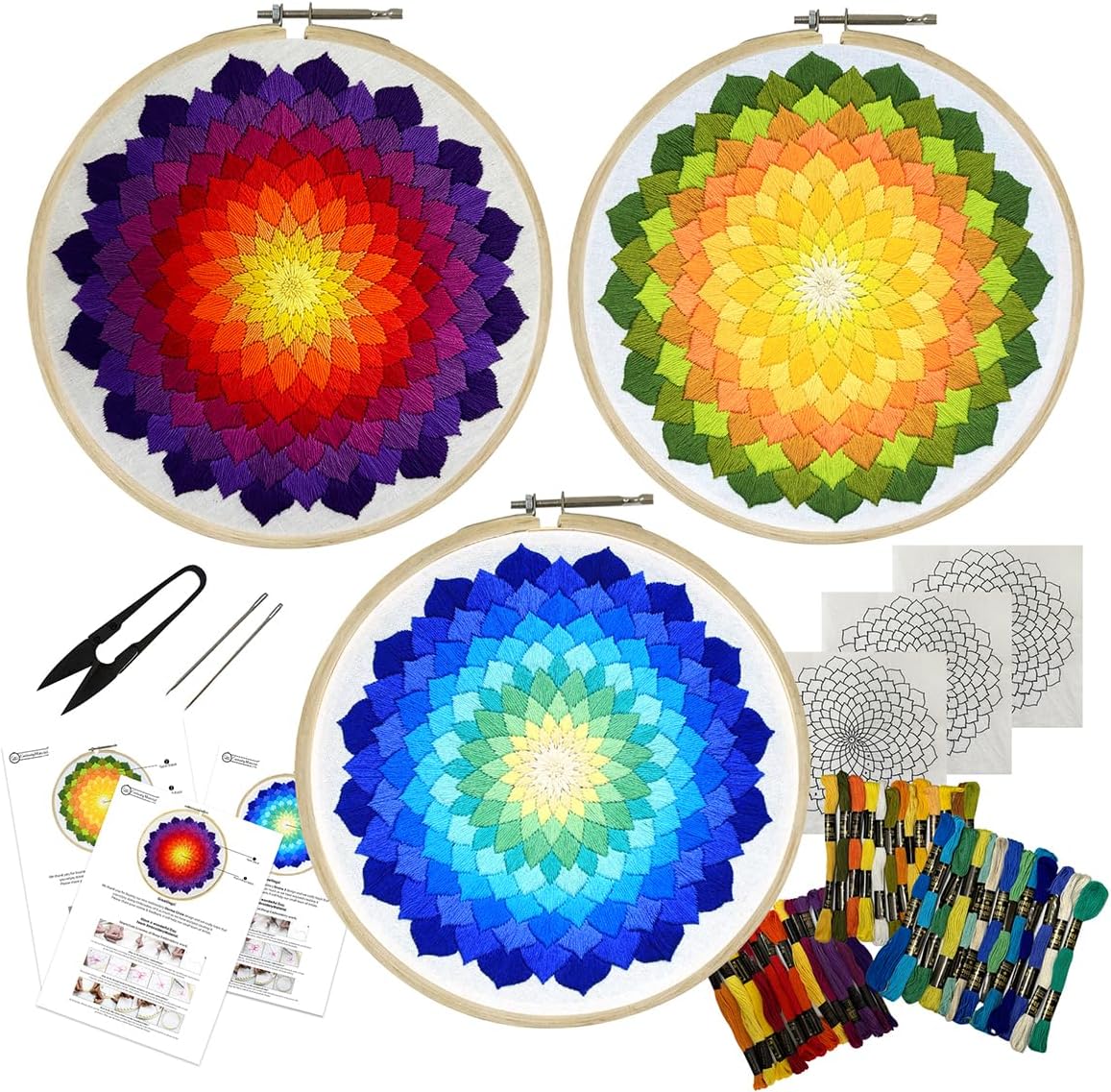Combo of 3 Embroidery Kit for Beginners and Adults - Stitch and Cross Stitch Kit - DIY Art and Craft Kit with Embroidery Cloth, Hoops & Materials - Perfect Stitching and Fabric kit