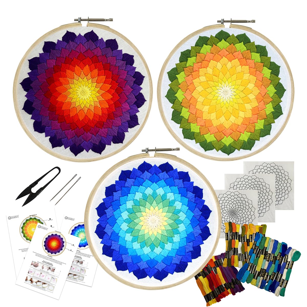 Embroiderymaterial Combo of 3 Embroidery Kit for Beginners and Adults - Stitch and Cross Stitch Kit - DIY Art and Craft Kit with Embroidery Cloth, Hoops & Materials - Perfect Stitching and Fabric kit
