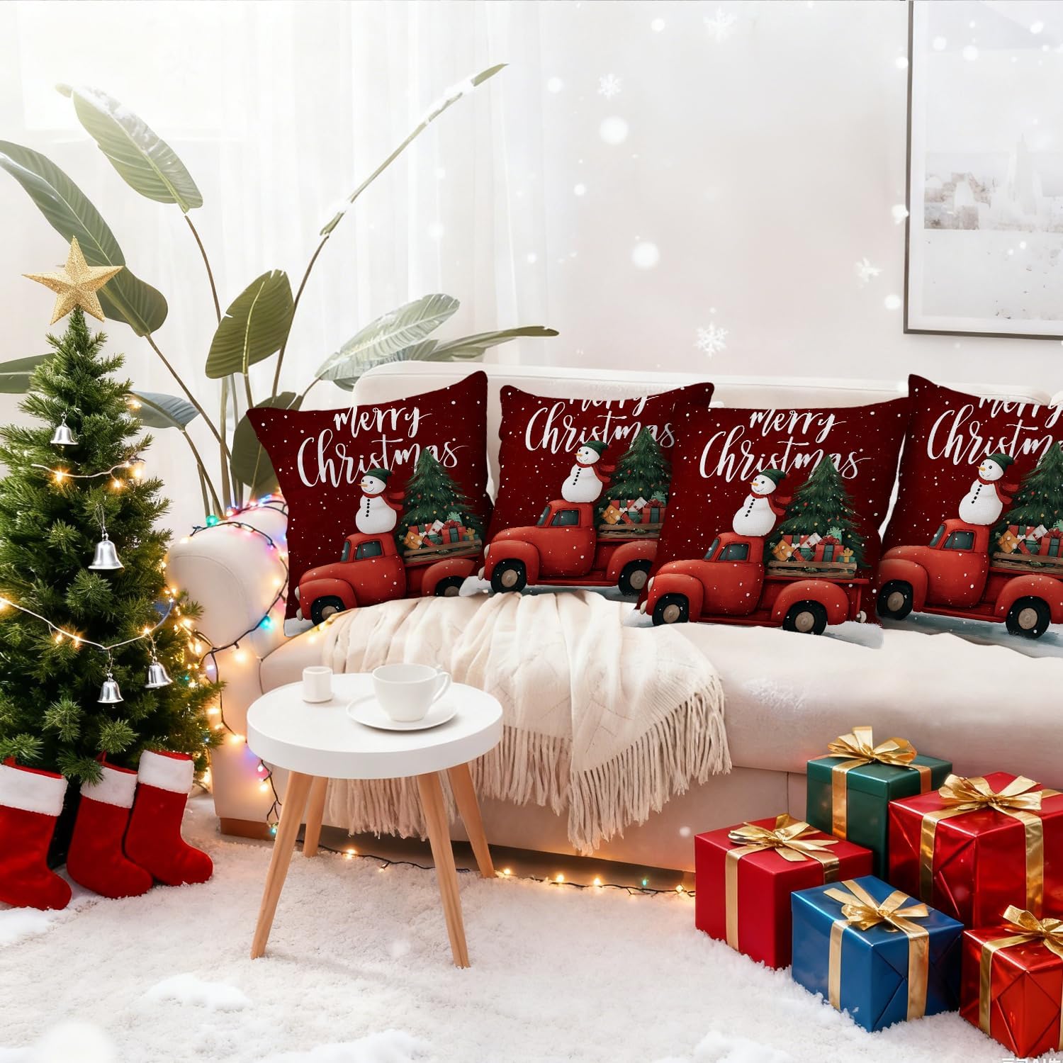 ANNA QUEEN Red Truck and Snowman Christmas Pillow Covers 18x18 Set of 2 – Farmhouse Vintage Holiday Linen Throw Cushion Cases