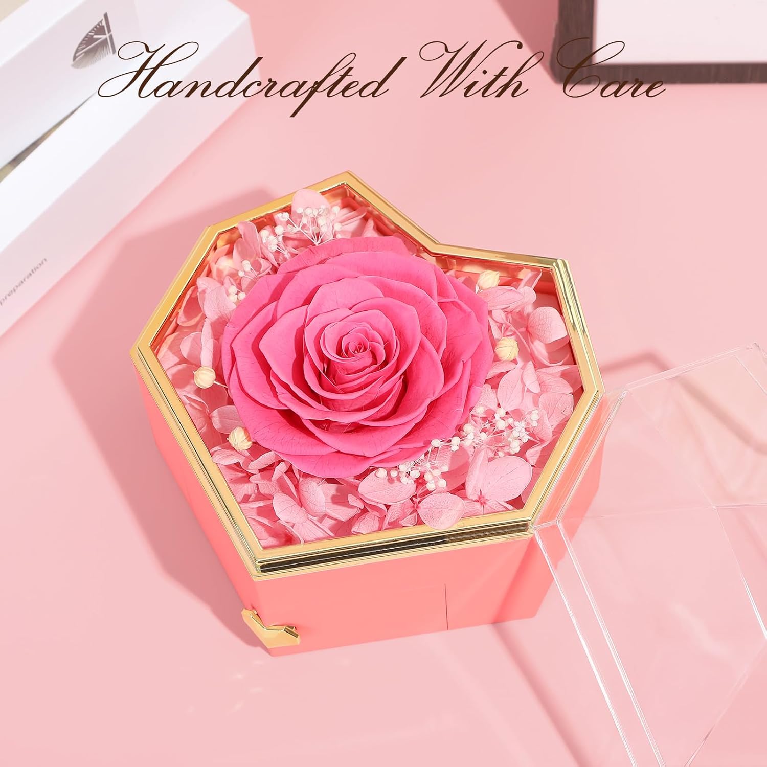 Preserved Pink Real Rose with Necklace Forever Flowers Diamond shaped Box for Mom Wife Girlfriend Grandma on Mothers Day Birthday Valentines Christmas Anniversary Beatiful Gifts for women - Image 4